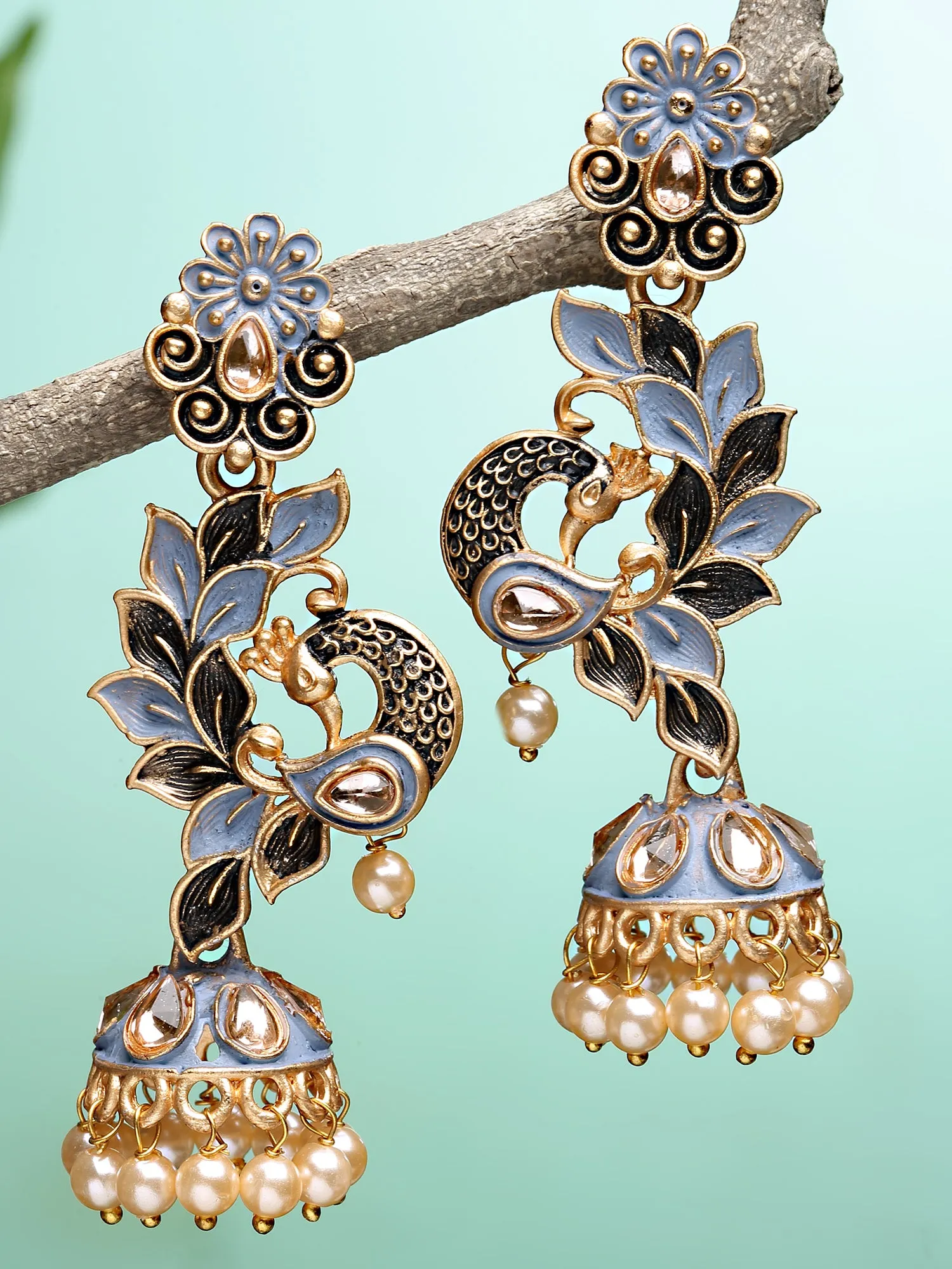 Karatcart Gold Plated Peacock Shape Grey Kundan Dangler Jhumki Earrings for Women