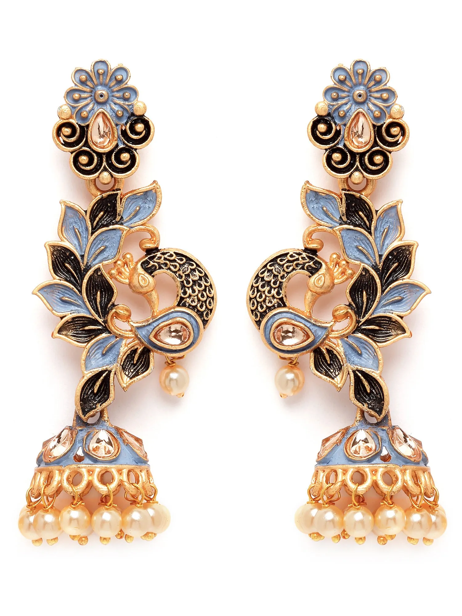 Karatcart Gold Plated Peacock Shape Grey Kundan Dangler Jhumki Earrings for Women
