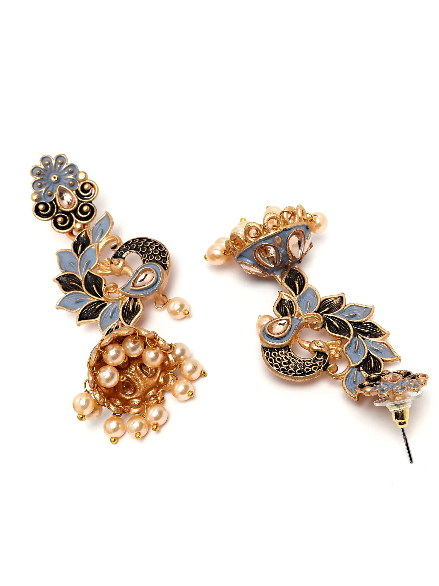 Karatcart Gold Plated Peacock Shape Grey Kundan Dangler Jhumki Earrings for Women