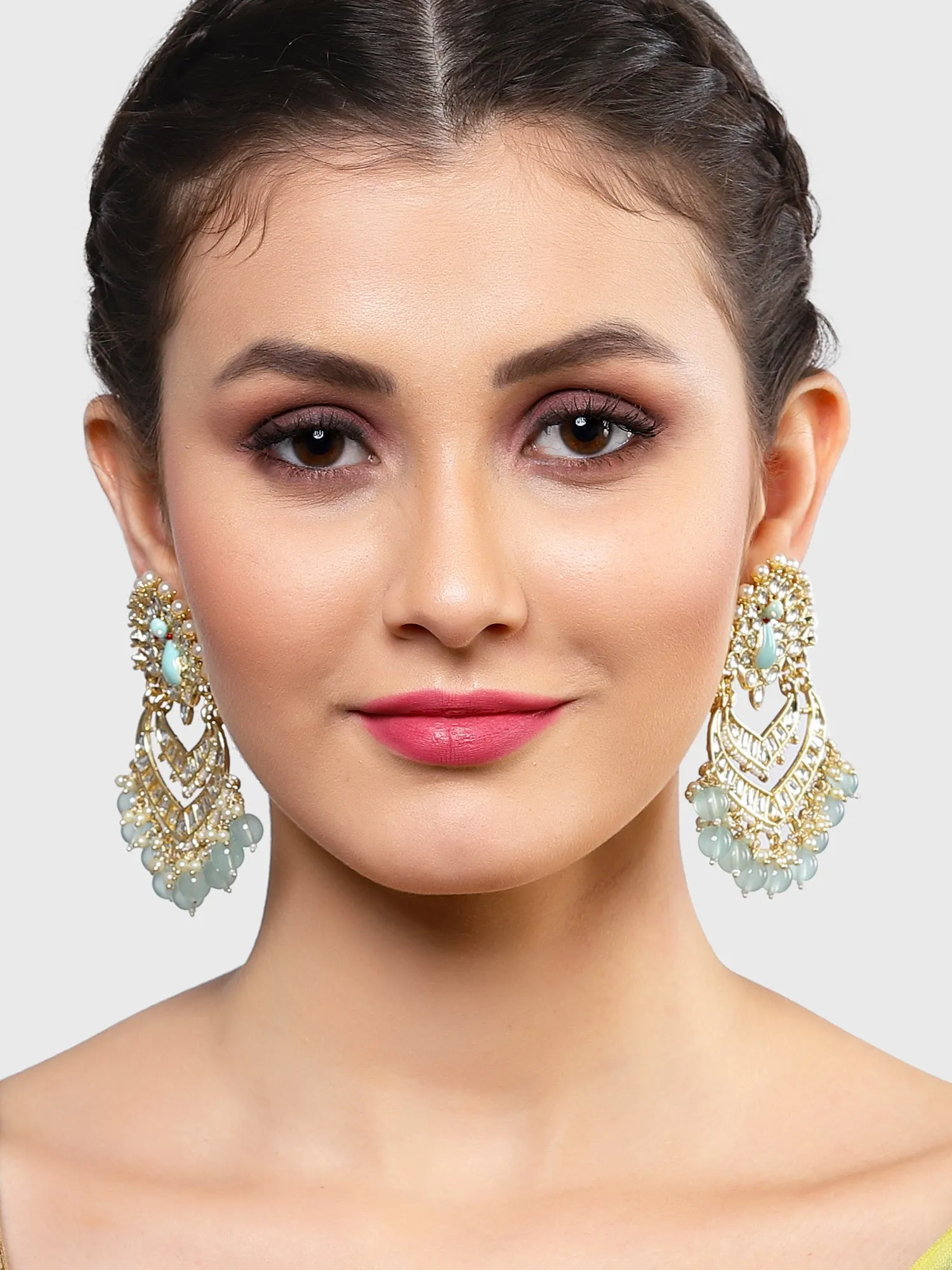 Karatcart Gold Plated Peacock Shape Light Blue Meena and Kundan Studded Dangler Earrings for Women