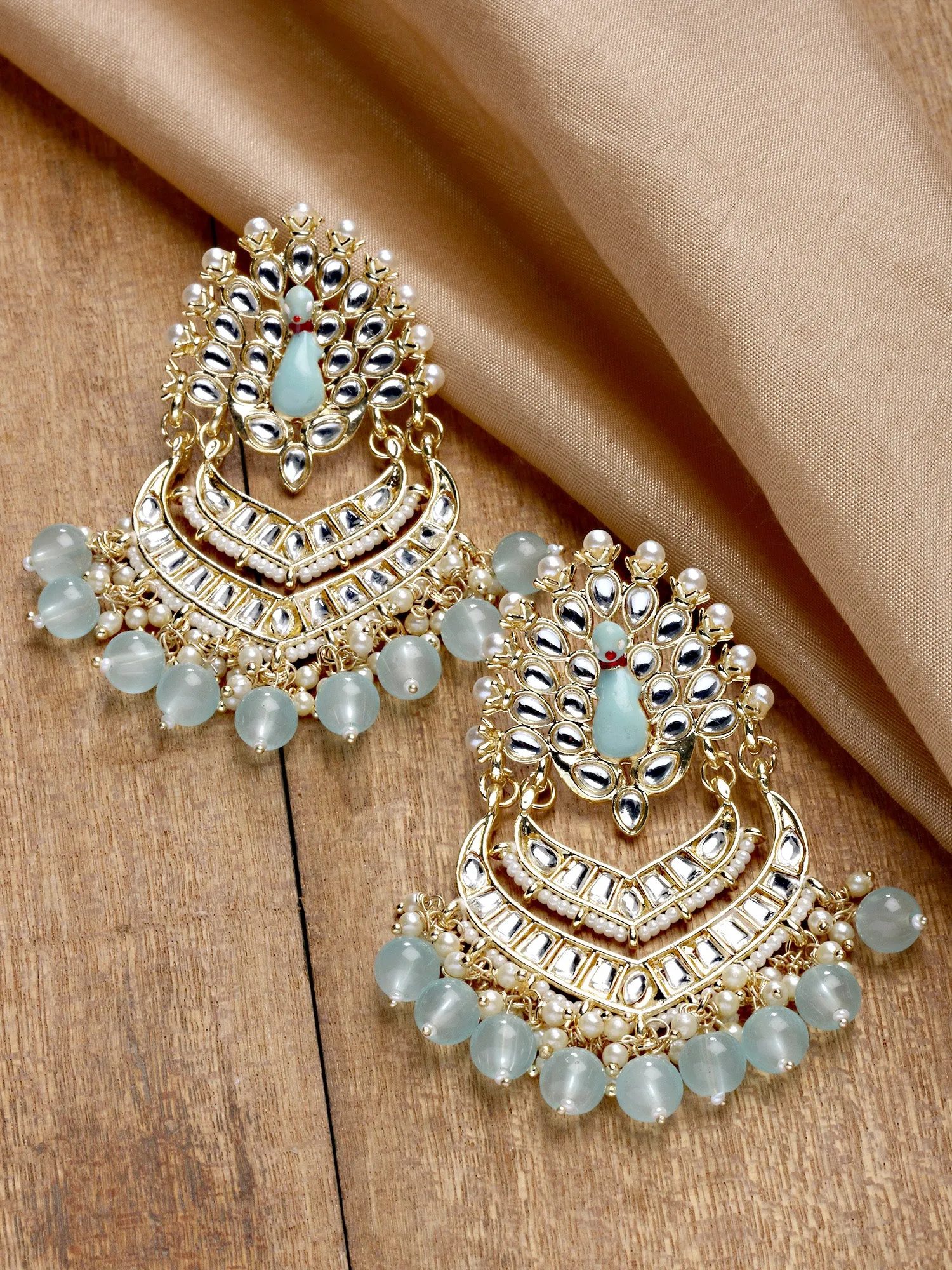 Karatcart Gold Plated Peacock Shape Light Blue Meena and Kundan Studded Dangler Earrings for Women