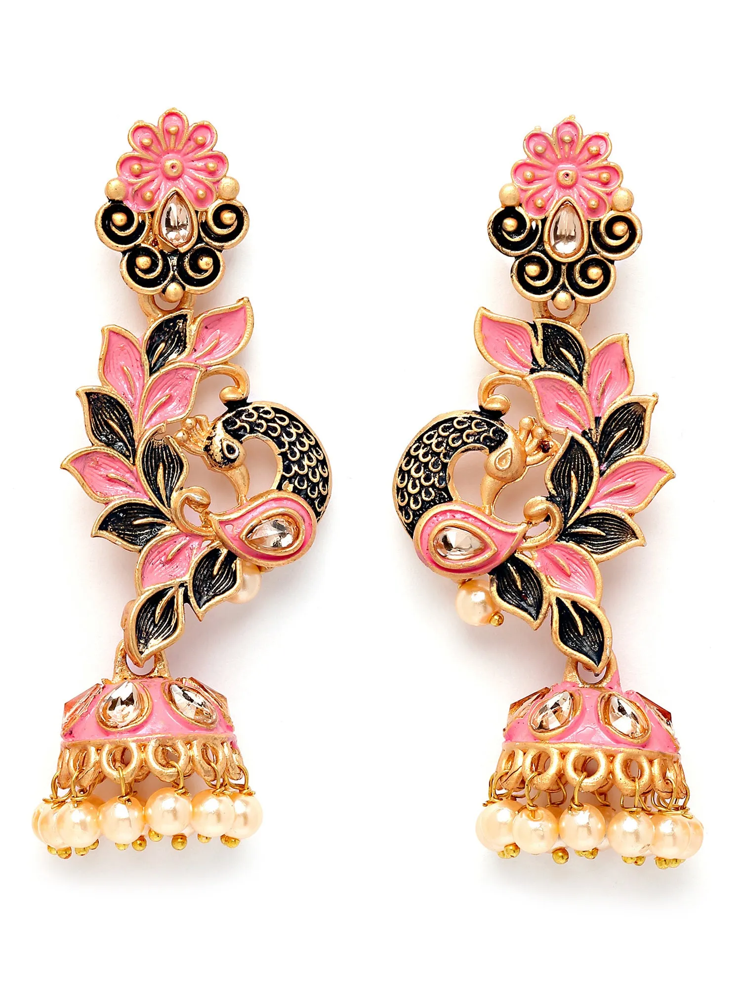Karatcart Gold Plated Peacock Shape Pink Kundan Dangler Jhumki Earrings for Women