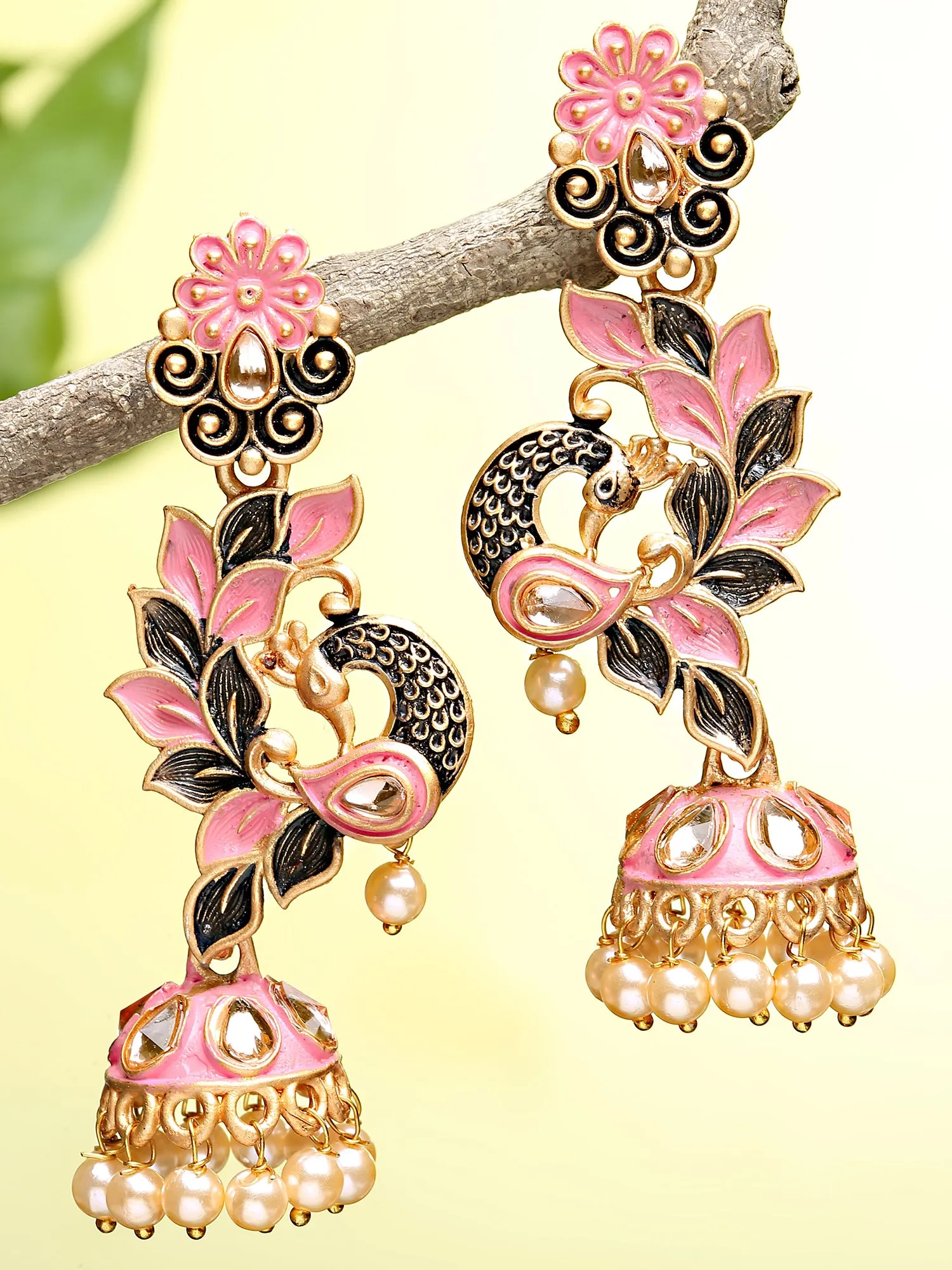 Karatcart Gold Plated Peacock Shape Pink Kundan Dangler Jhumki Earrings for Women
