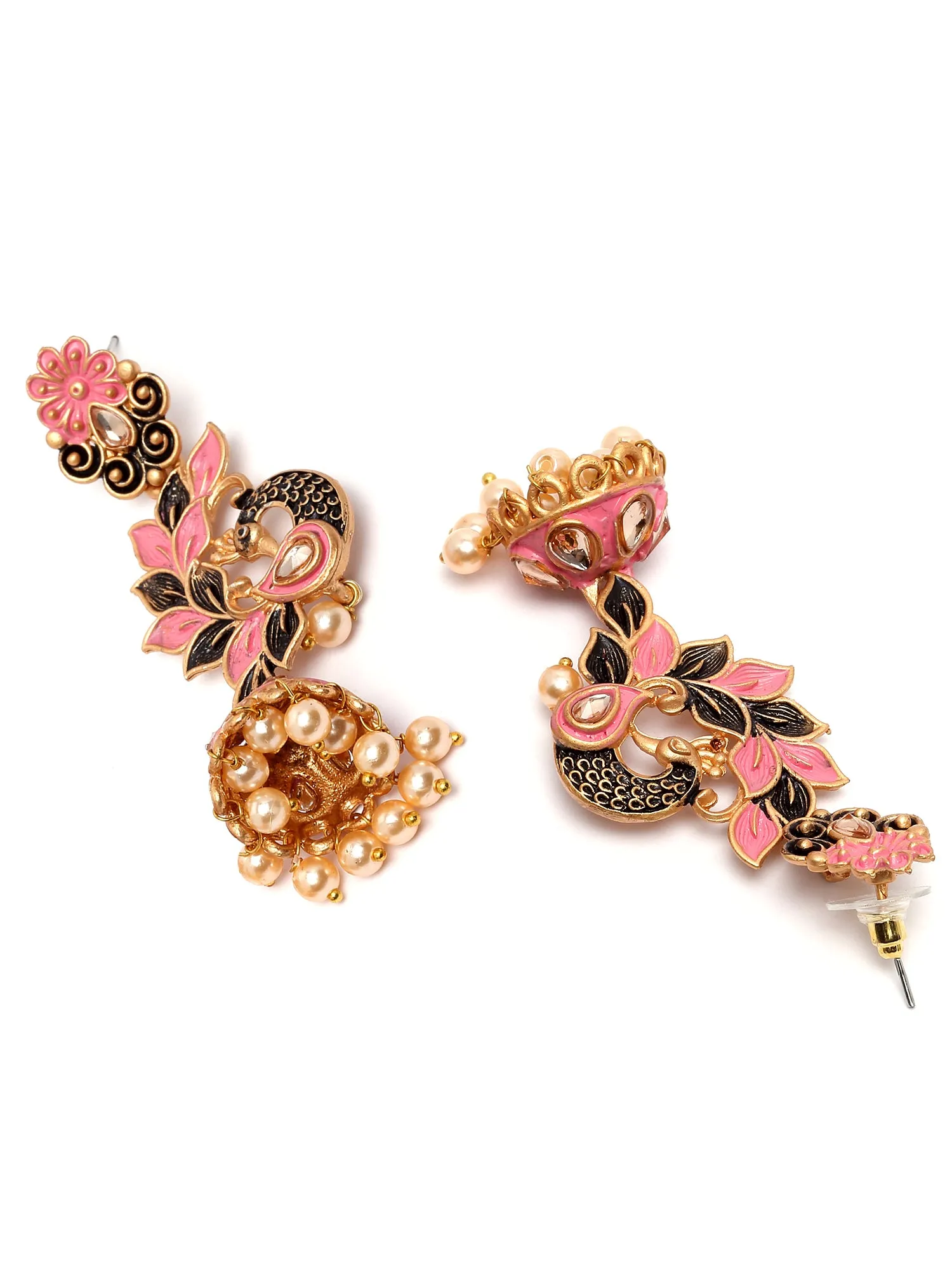 Karatcart Gold Plated Peacock Shape Pink Kundan Dangler Jhumki Earrings for Women