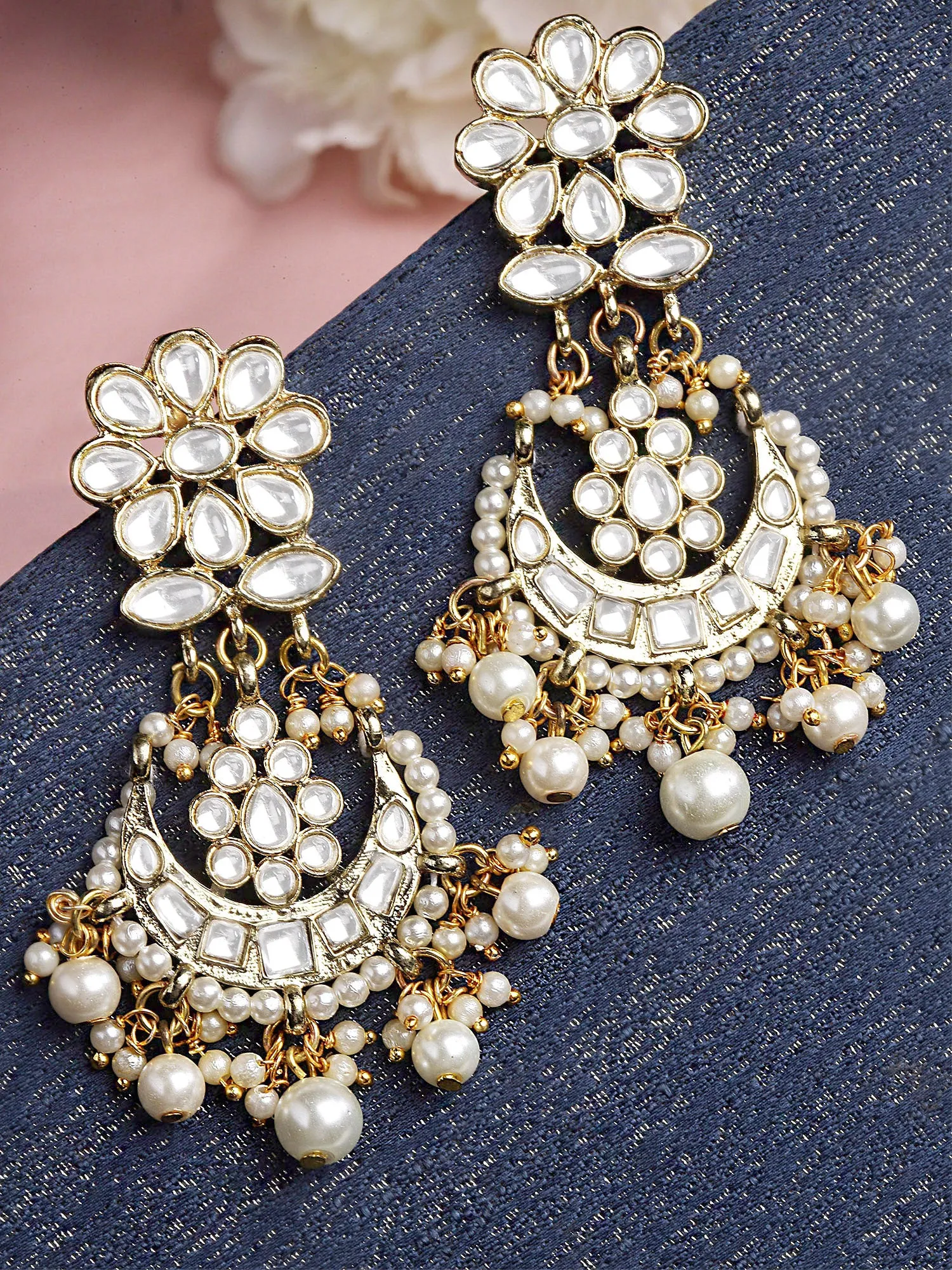 Karatcart Gold Plated Pearl and Floral Kundan Studded Dangler Earrings for Women