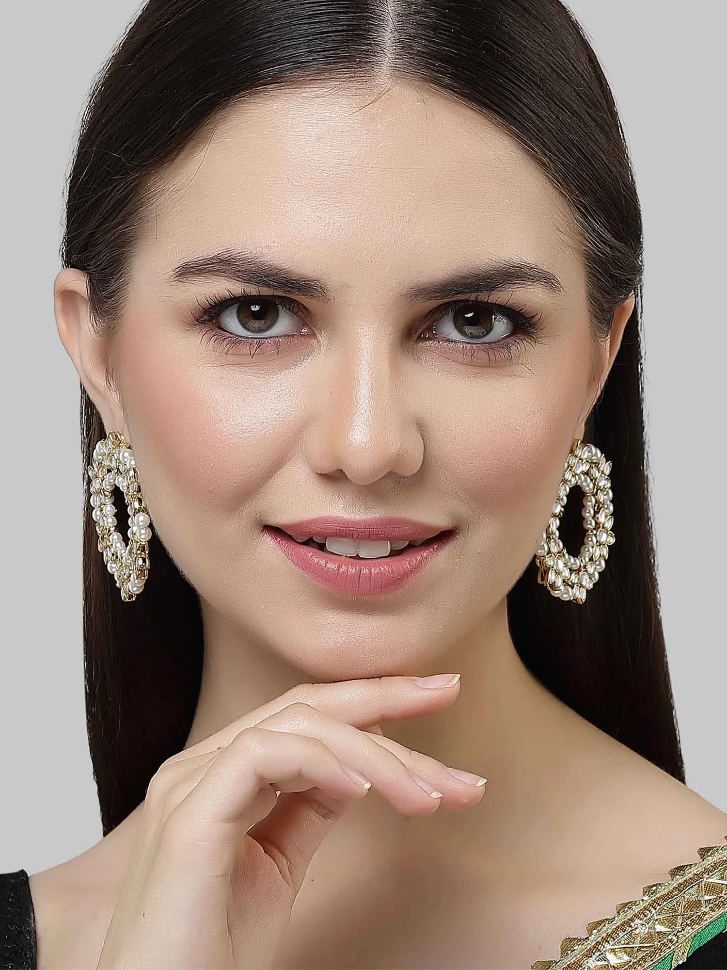 Karatcart Gold Plated Pearl and Floral Kundan Studded Hoop Earring for Women