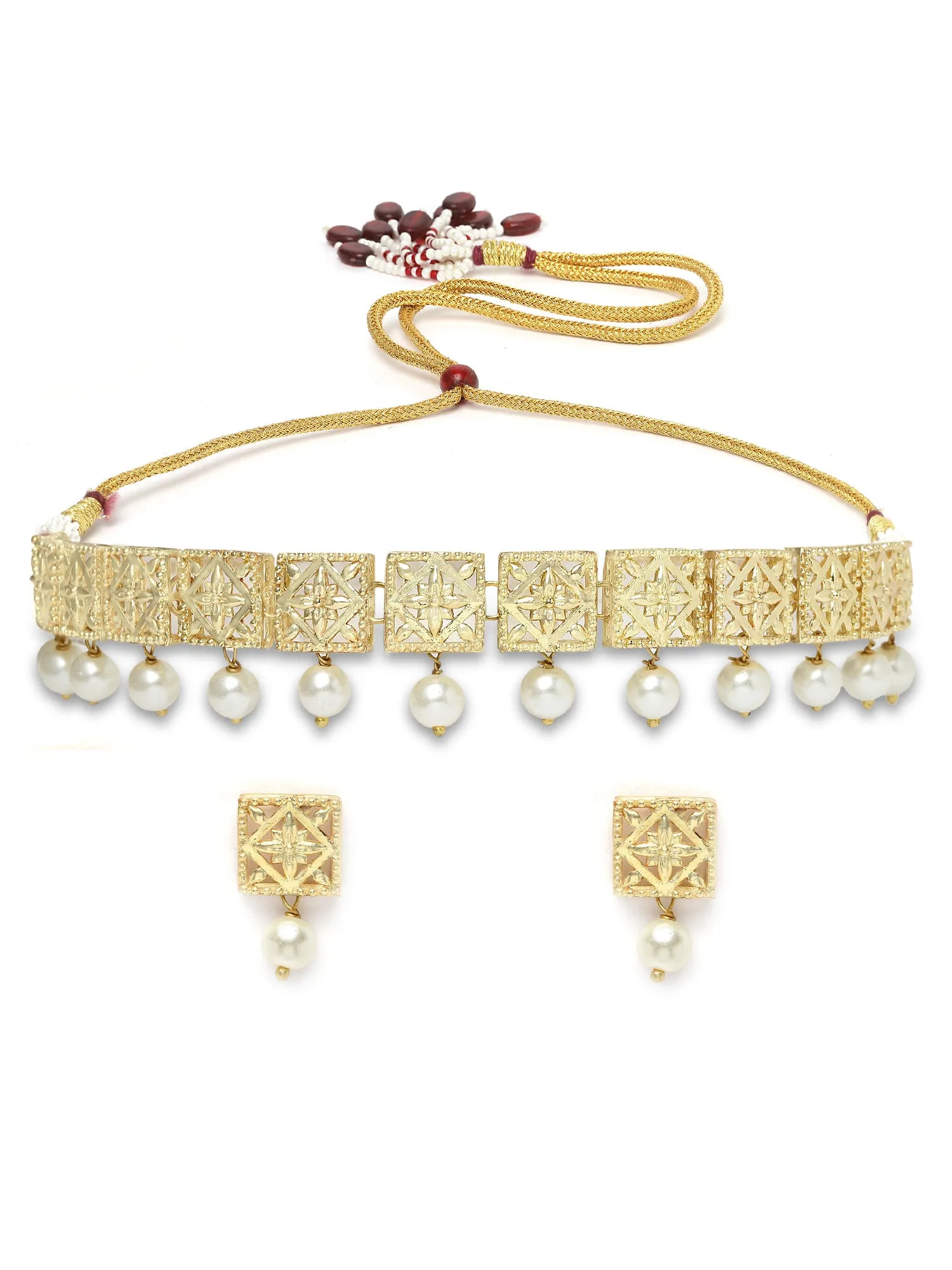 Karatcart Gold Plated Pearl and Kundan Choker Necklace Set for Women