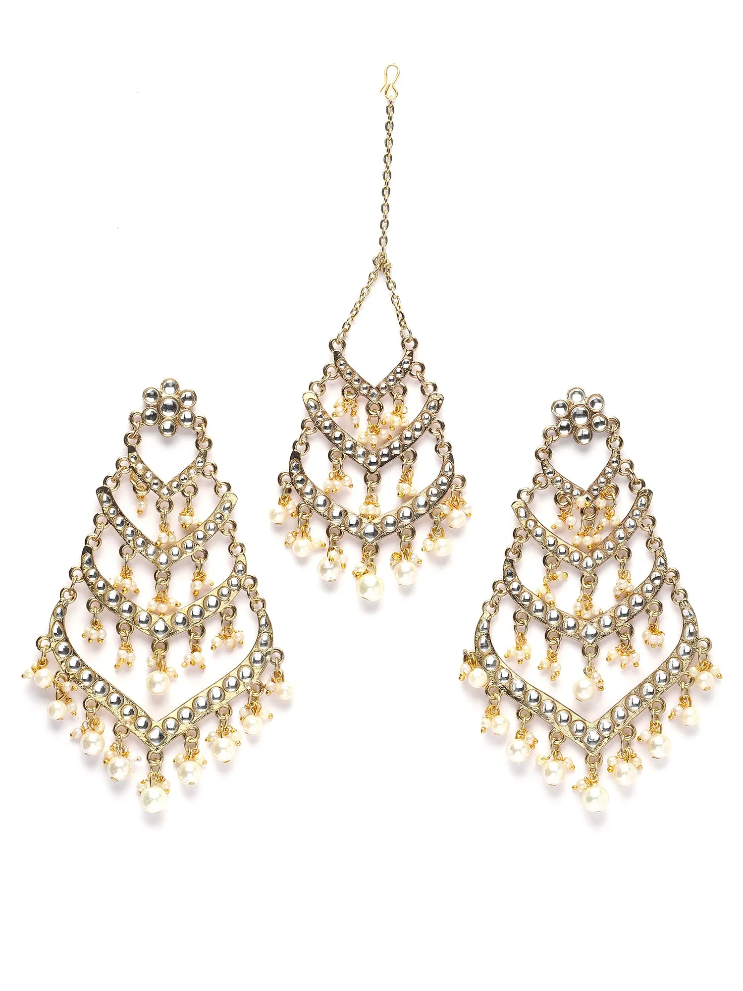 Karatcart Gold Plated Pearl and Kundan Earring and Maangtikka Set for Women