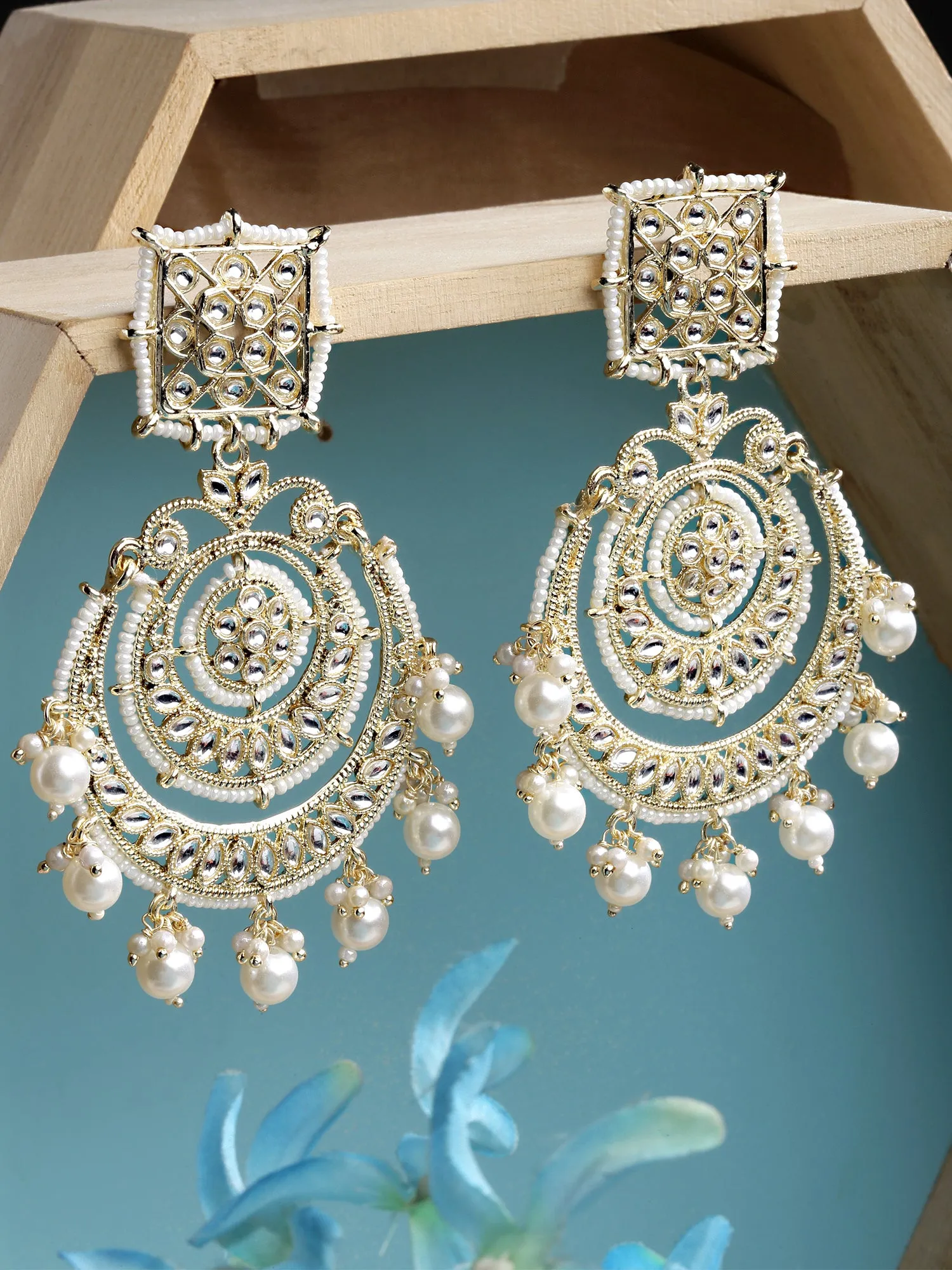 Karatcart Gold Plated Pearl Beaded Kundan Chandbali Earrings for Women