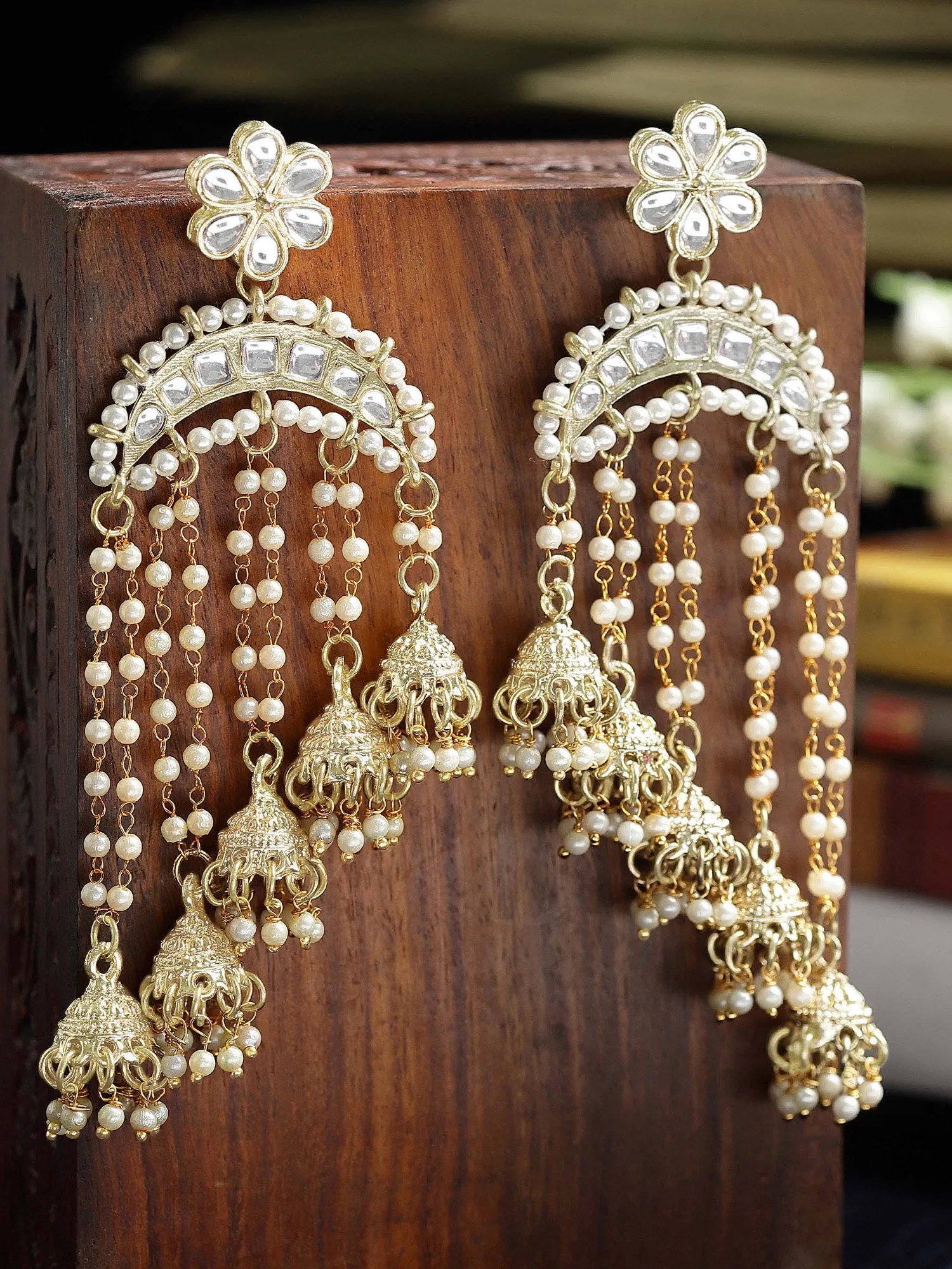 Karatcart Gold Plated Pearl chain and Jhumki Studded Kundan Drop Earring for Women