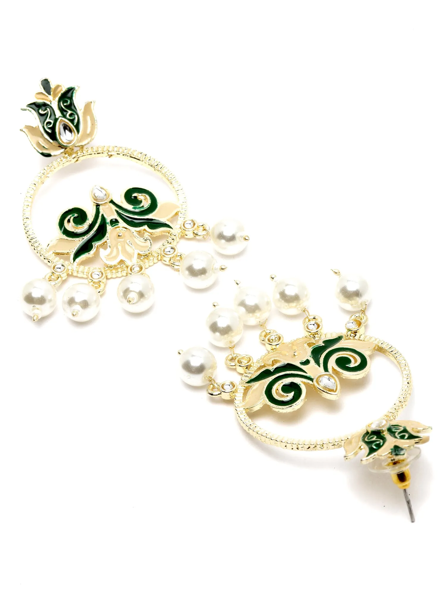 Karatcart Gold Plated Pearl Studded Green Meena Dangler Earrings for Women