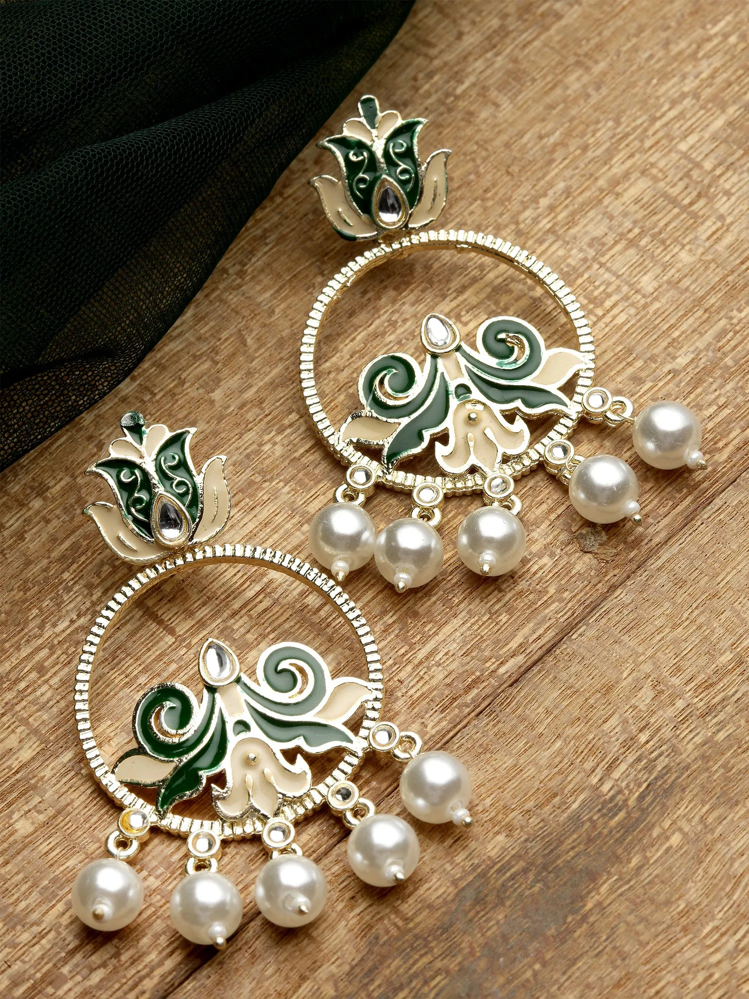 Karatcart Gold Plated Pearl Studded Green Meena Dangler Earrings for Women