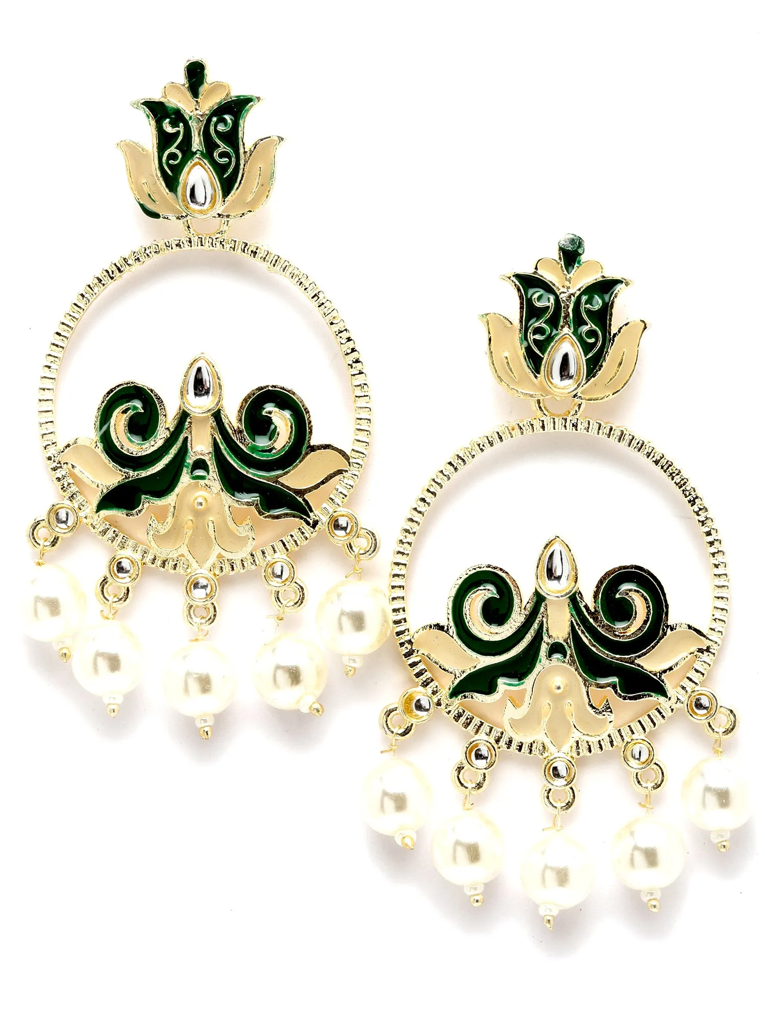 Karatcart Gold Plated Pearl Studded Green Meena Dangler Earrings for Women