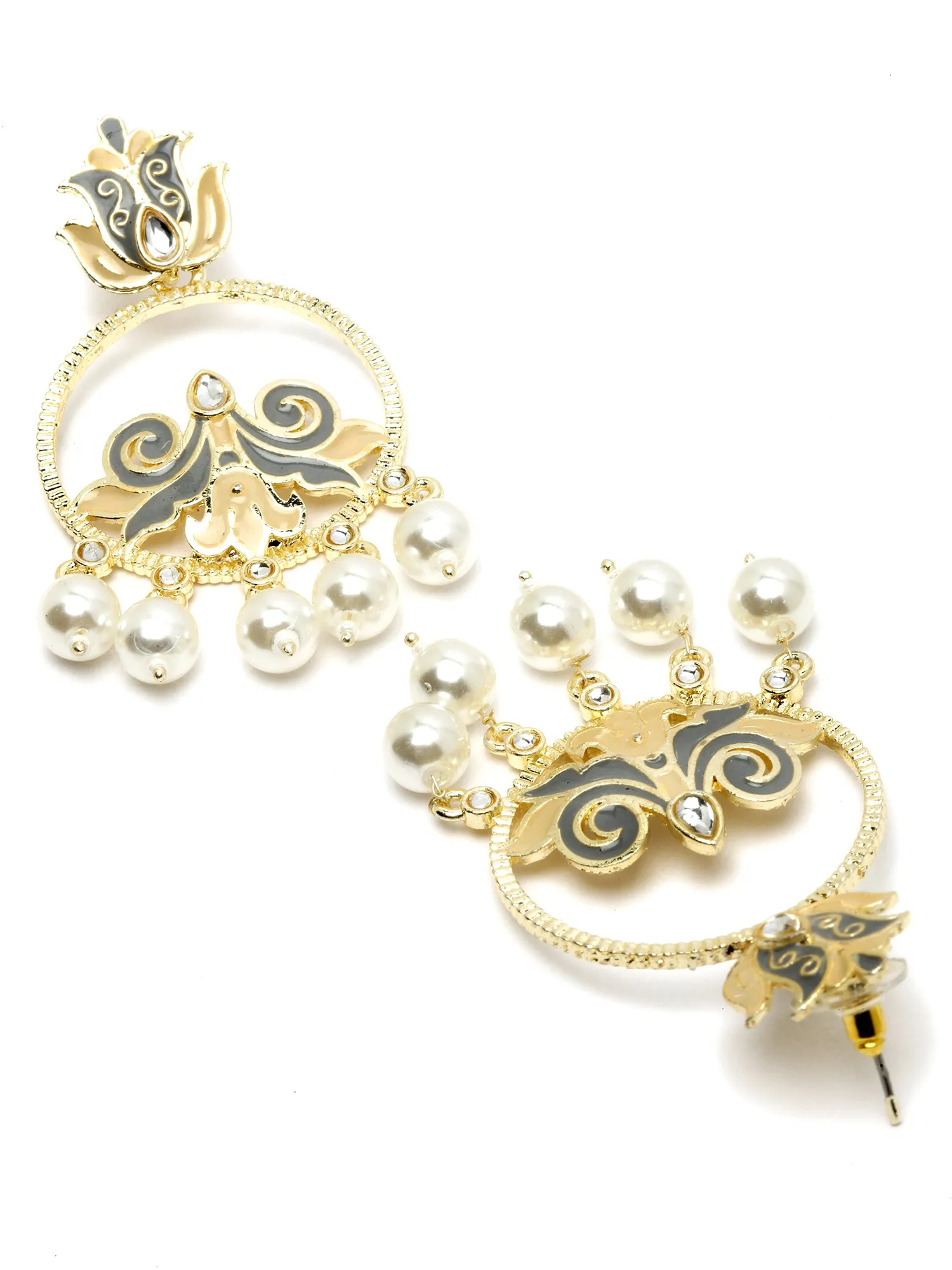 Karatcart Gold Plated Pearl Studded Grey Meena Dangler Earrings for Women