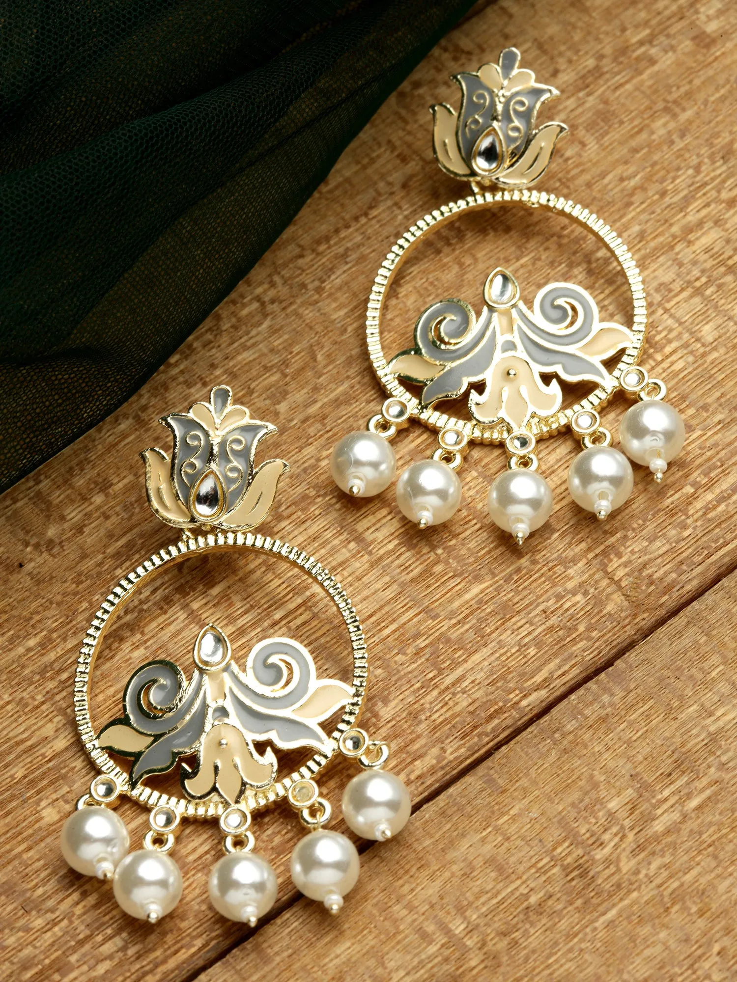 Karatcart Gold Plated Pearl Studded Grey Meena Dangler Earrings for Women