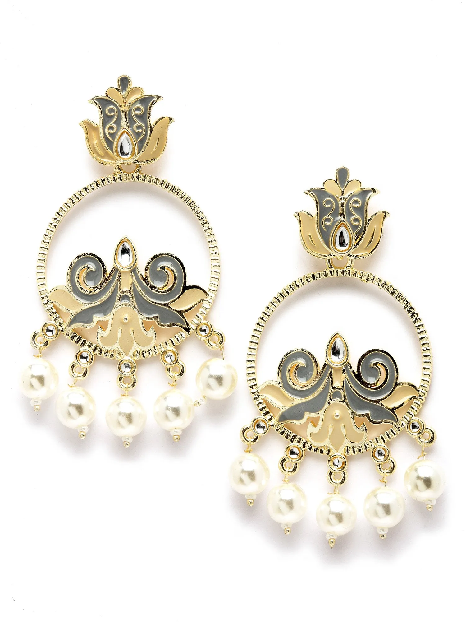 Karatcart Gold Plated Pearl Studded Grey Meena Dangler Earrings for Women