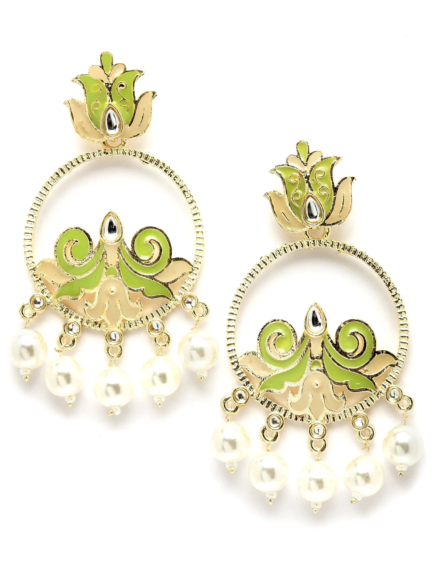 Karatcart Gold Plated Pearl Studded Light Green Meena Dangler Earrings for Women