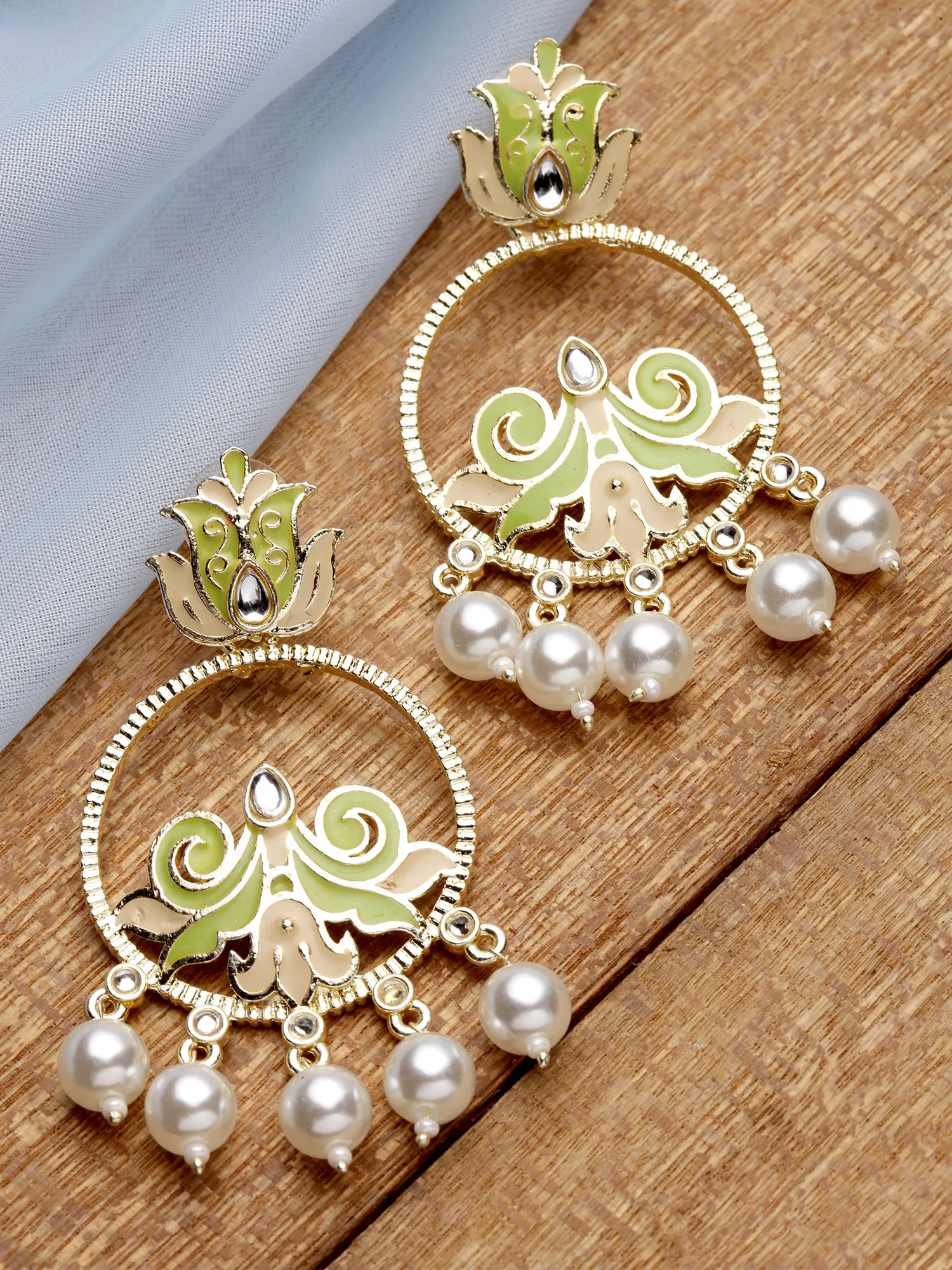 Karatcart Gold Plated Pearl Studded Light Green Meena Dangler Earrings for Women