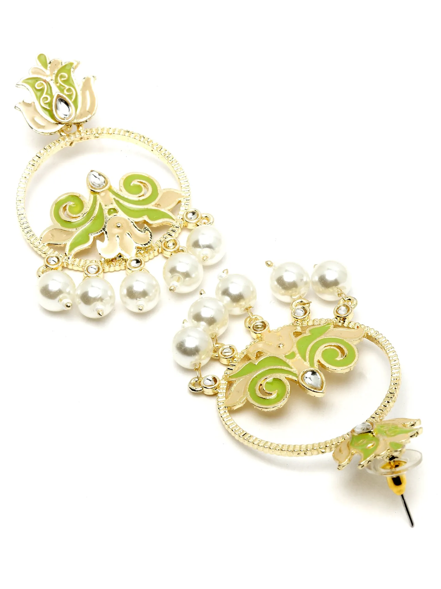 Karatcart Gold Plated Pearl Studded Light Green Meena Dangler Earrings for Women