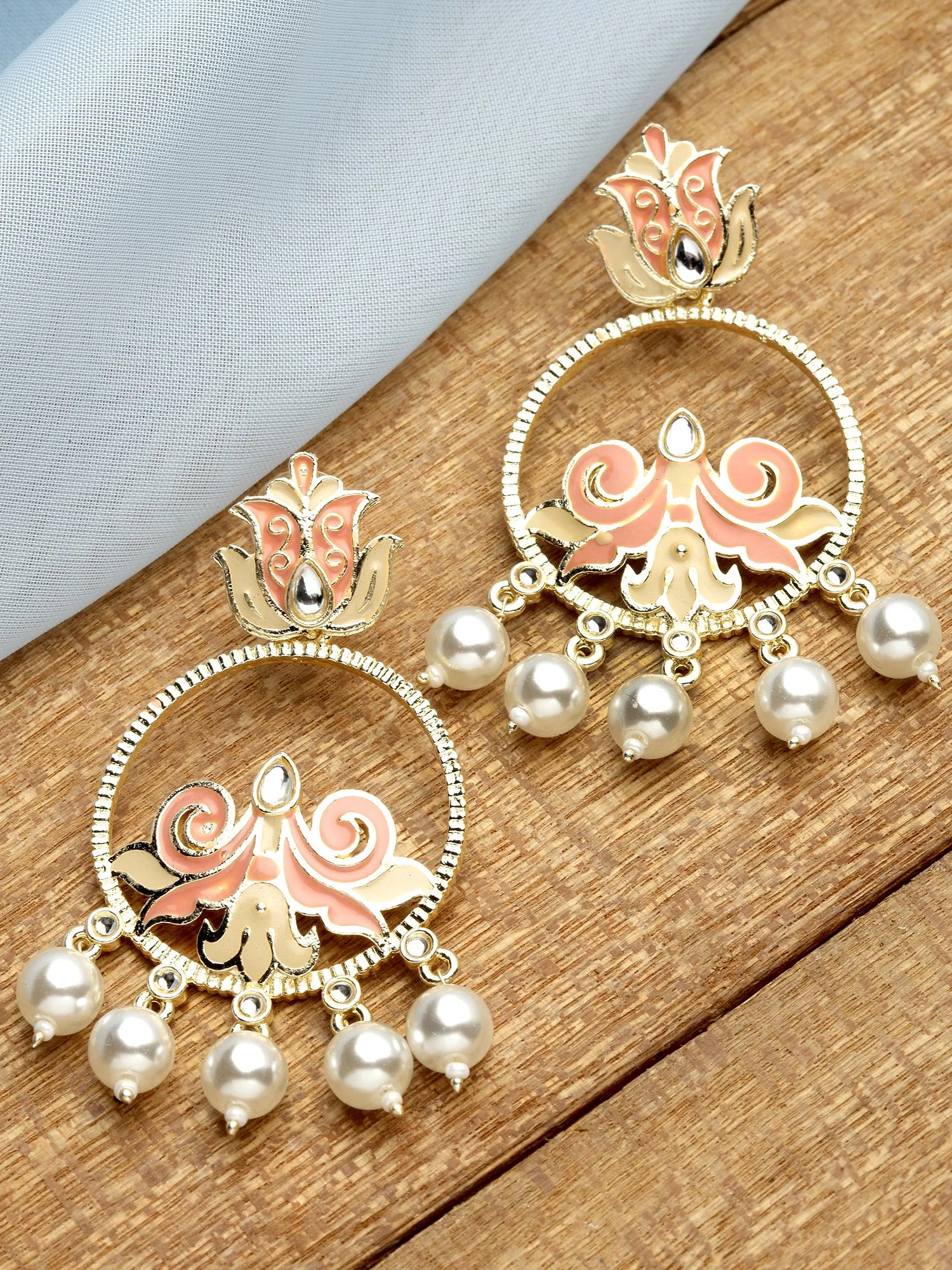 Karatcart Gold Plated Pearl Studded Peach Meena Dangler Earrings for Women