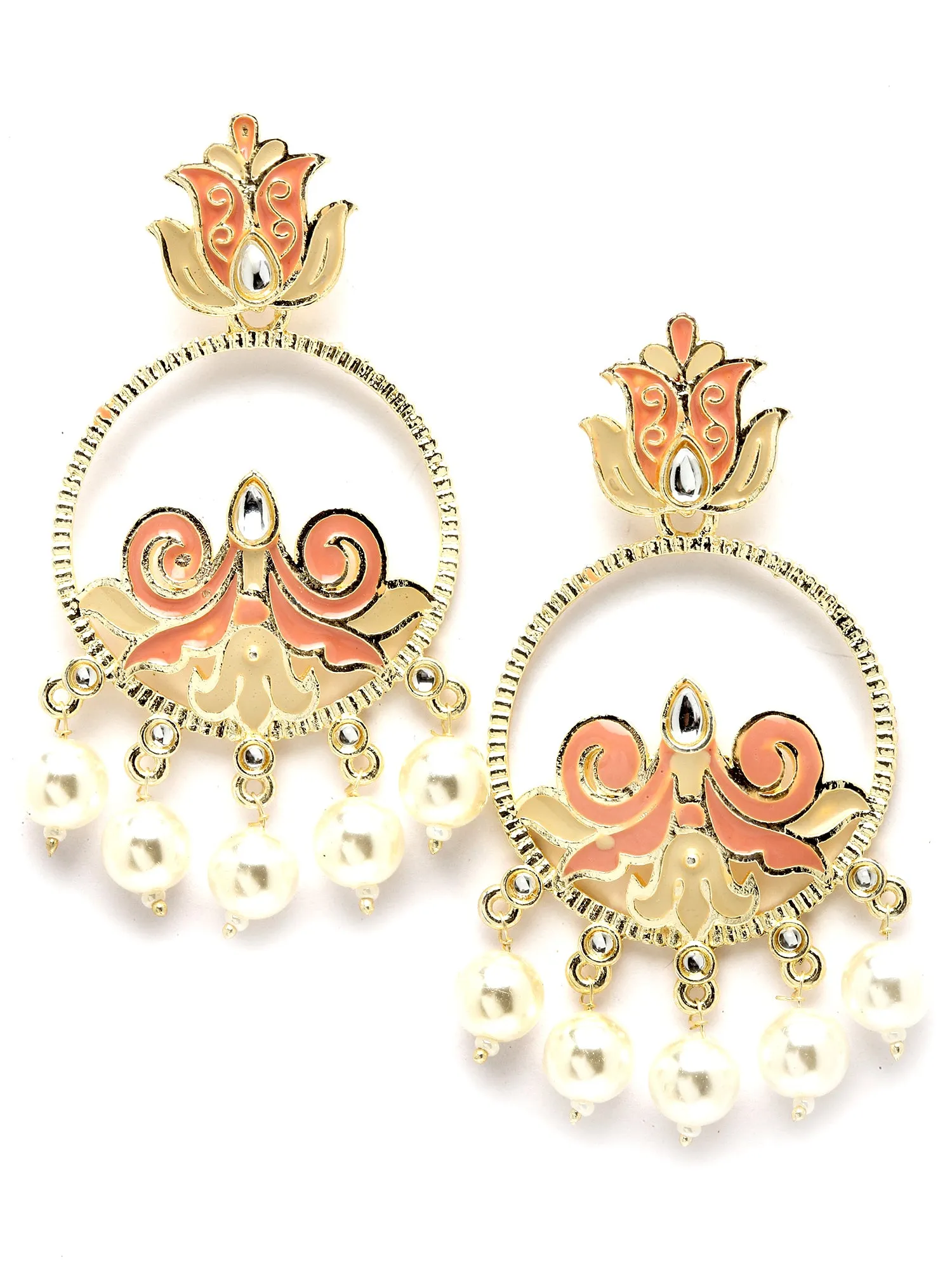 Karatcart Gold Plated Pearl Studded Peach Meena Dangler Earrings for Women