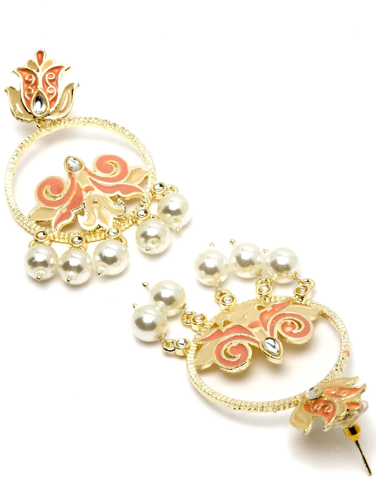 Karatcart Gold Plated Pearl Studded Peach Meena Dangler Earrings for Women