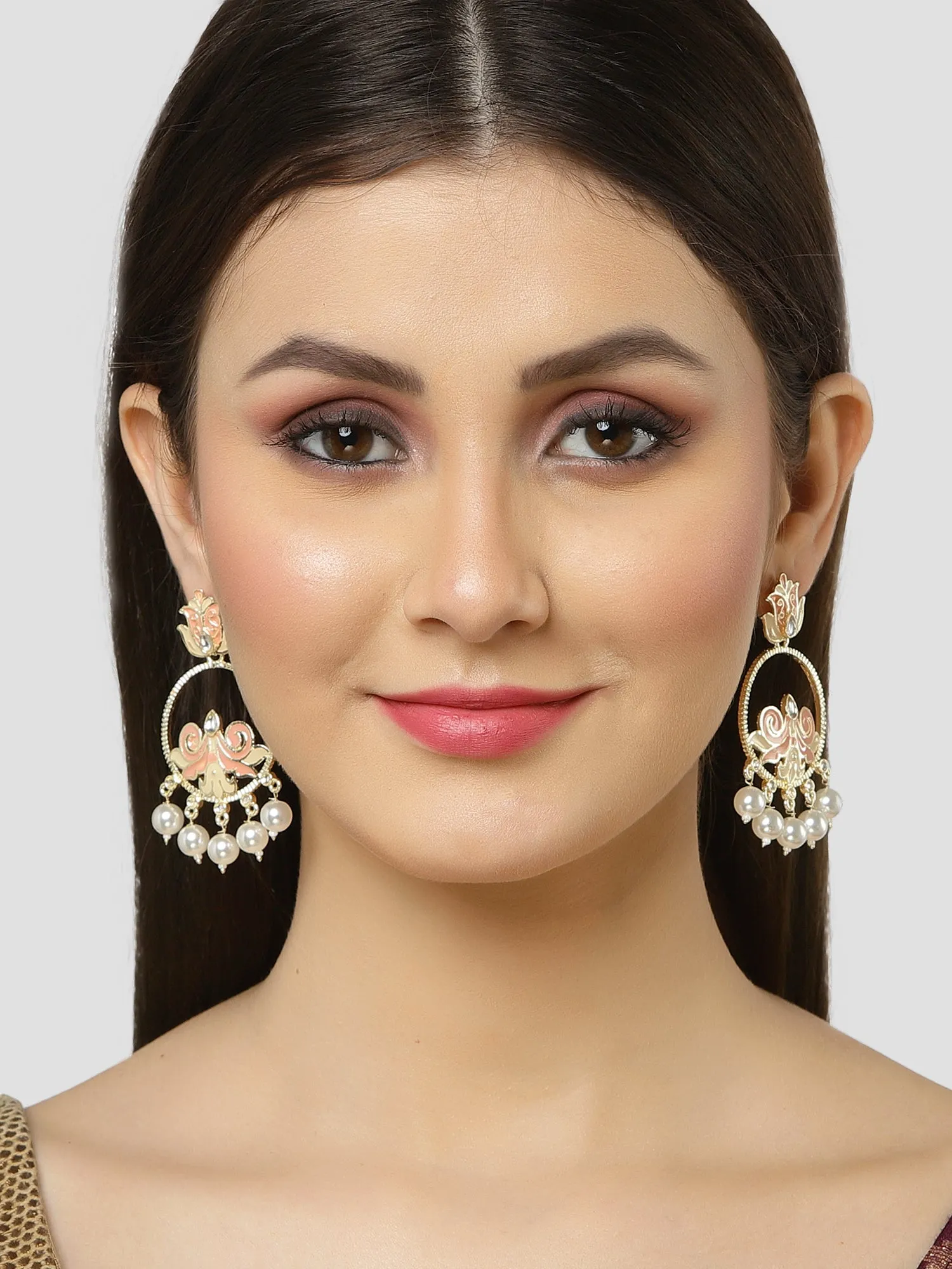 Karatcart Gold Plated Pearl Studded Peach Meena Dangler Earrings for Women