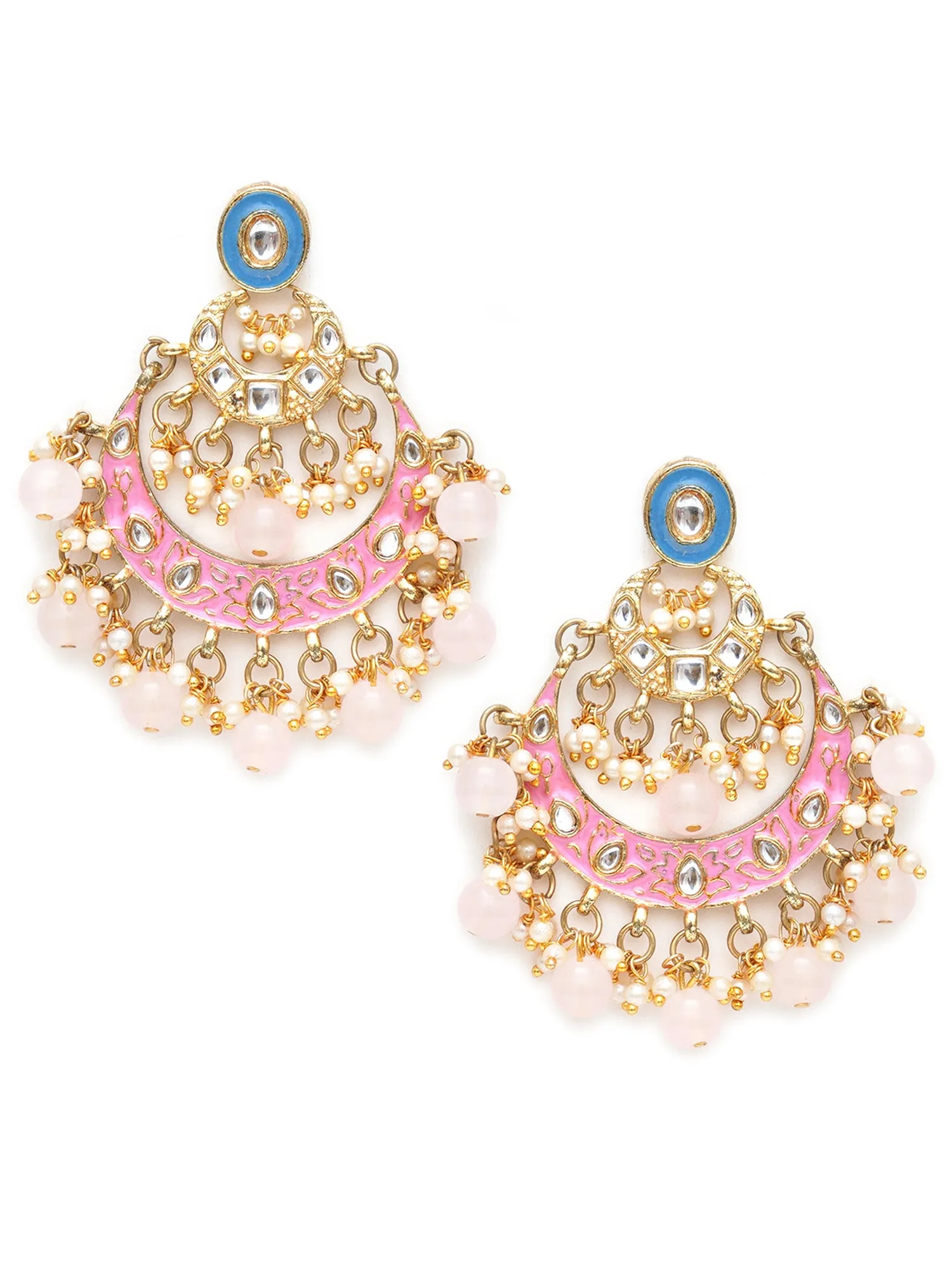 Karatcart Gold Plated Pink and Blue Meena Kundan Chandbali Earrings for Women