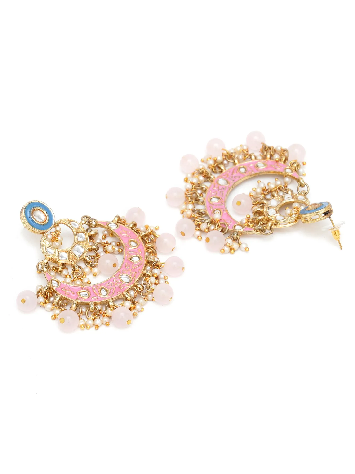 Karatcart Gold Plated Pink and Blue Meena Kundan Chandbali Earrings for Women