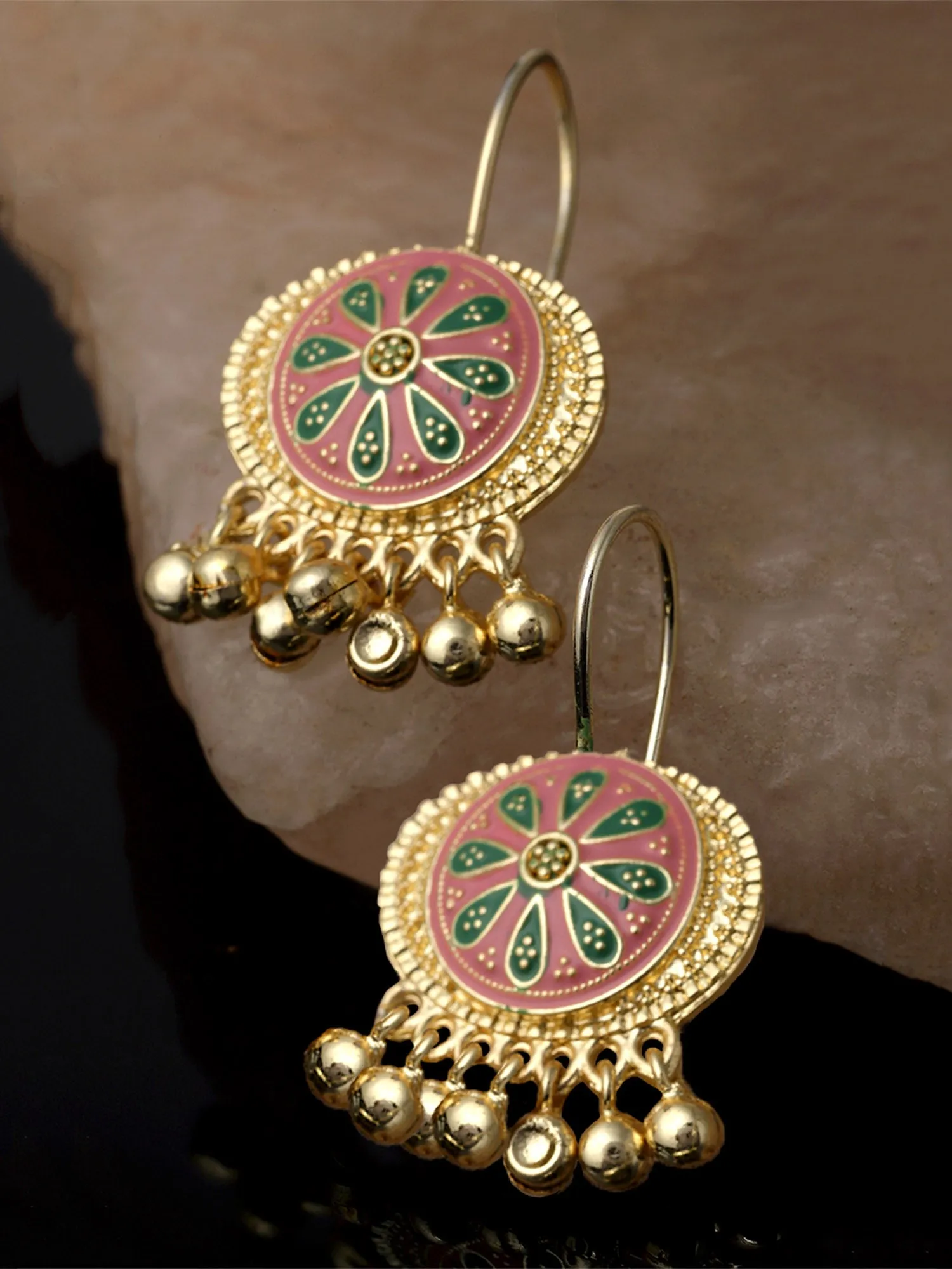 Karatcart Gold Plated Pink and Green Meena Drop Earrings for Women