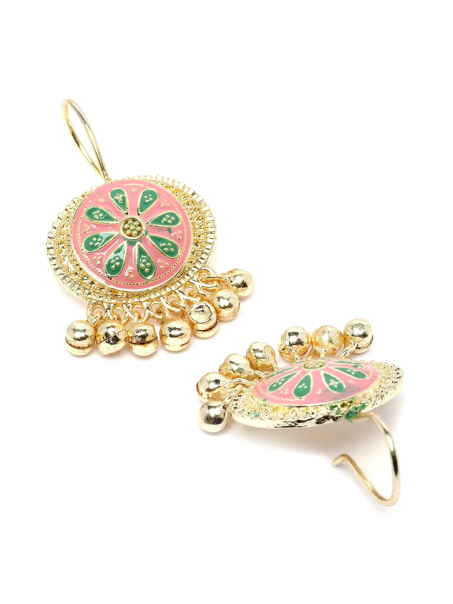 Karatcart Gold Plated Pink and Green Meena Drop Earrings for Women