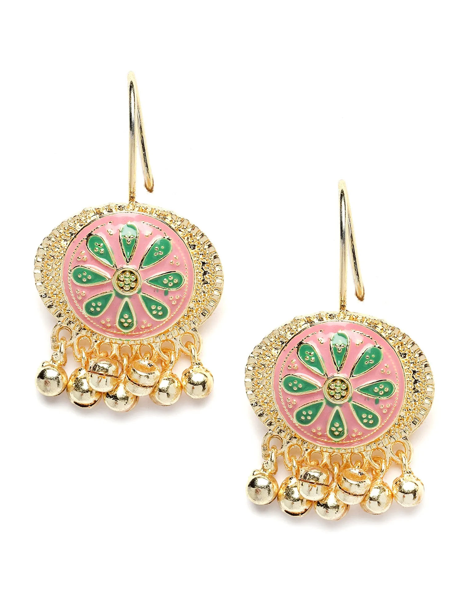 Karatcart Gold Plated Pink and Green Meena Drop Earrings for Women