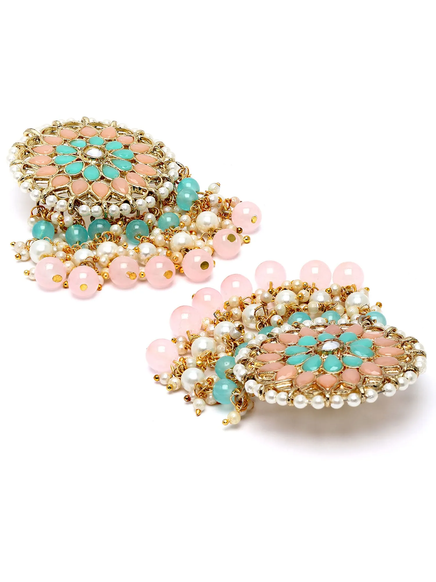 Karatcart Gold Plated Pink and Light Blue Kundan Earrings and Maangtikka Combo Set for Women