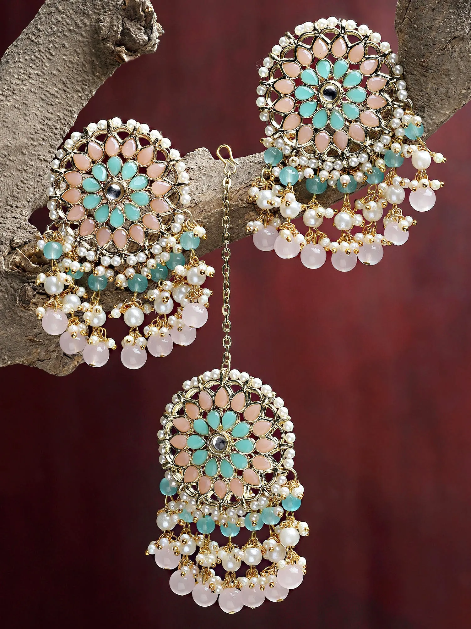 Karatcart Gold Plated Pink and Light Blue Kundan Earrings and Maangtikka Combo Set for Women