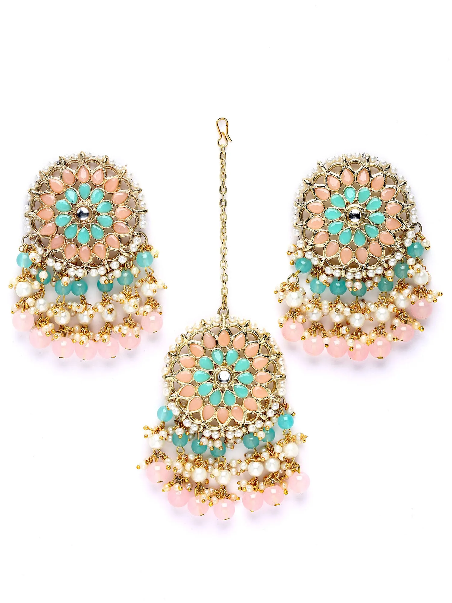 Karatcart Gold Plated Pink and Light Blue Kundan Earrings and Maangtikka Combo Set for Women