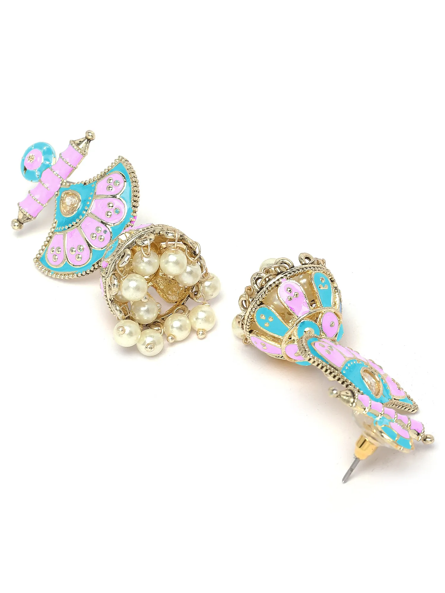 Karatcart Gold Plated Pink and Light Blue Meena Jhumki Earrings for Women