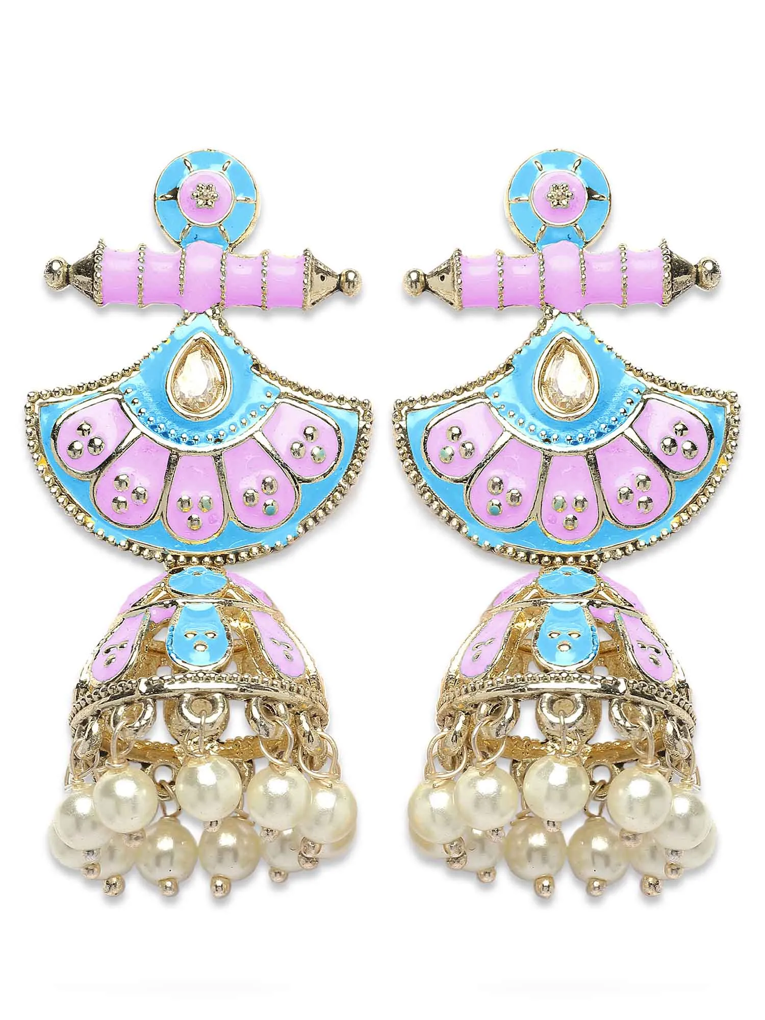 Karatcart Gold Plated Pink and Light Blue Meena Jhumki Earrings for Women