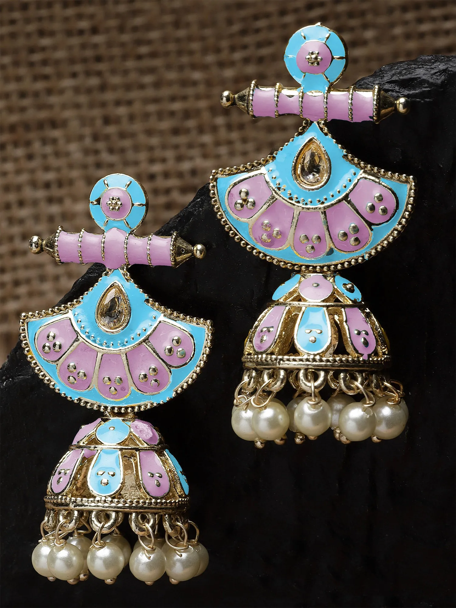 Karatcart Gold Plated Pink and Light Blue Meena Jhumki Earrings for Women