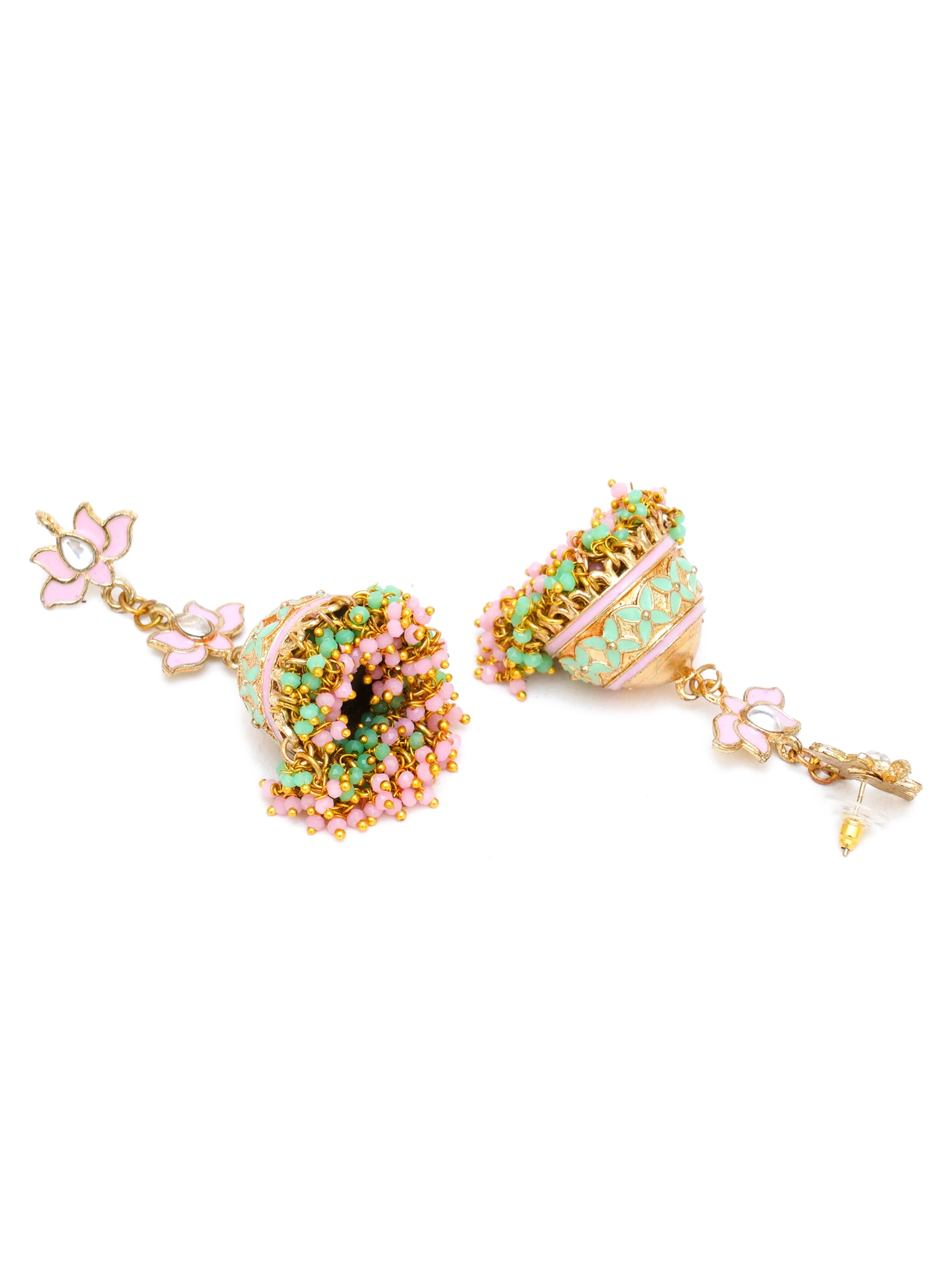 Karatcart Gold Plated Pink and Light Green Crystal Kundan Jhumki Earrings for Women