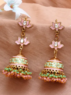 Karatcart Gold Plated Pink and Light Green Crystal Kundan Jhumki Earrings for Women