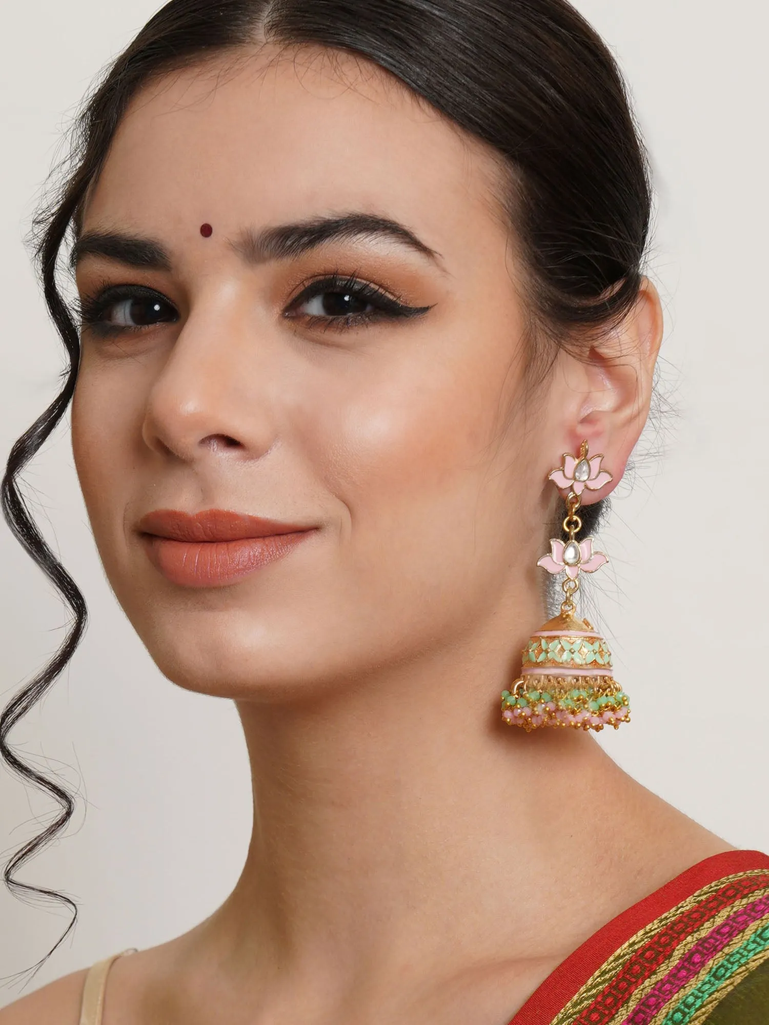 Karatcart Gold Plated Pink and Light Green Crystal Kundan Jhumki Earrings for Women