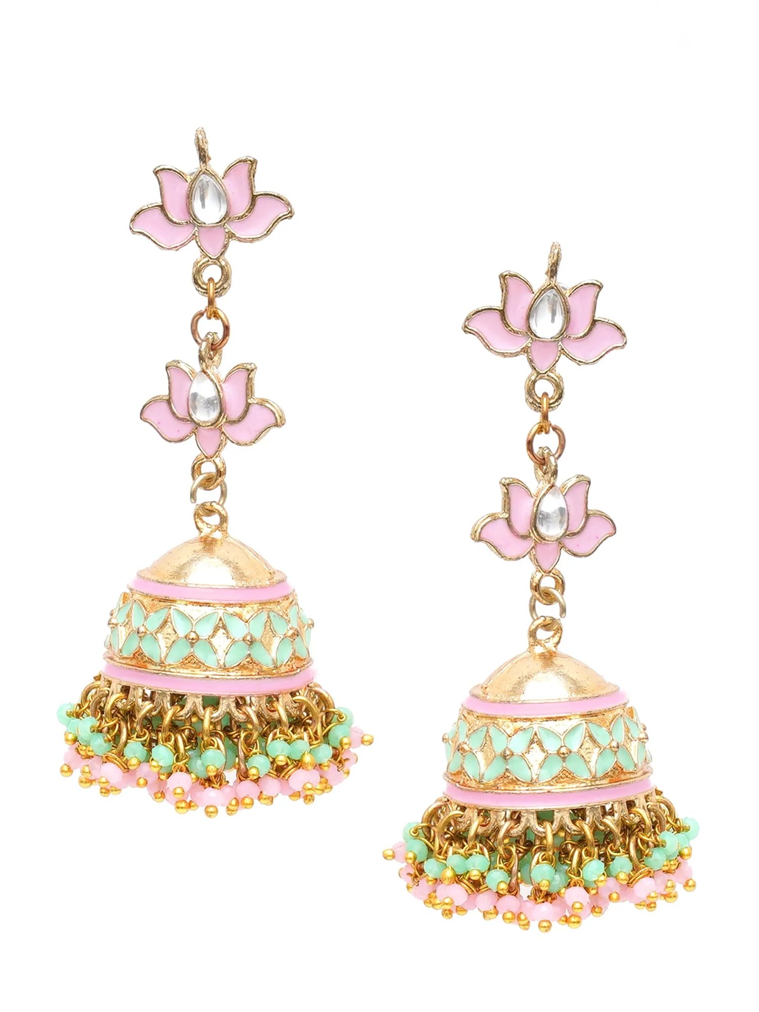 Karatcart Gold Plated Pink and Light Green Crystal Kundan Jhumki Earrings for Women