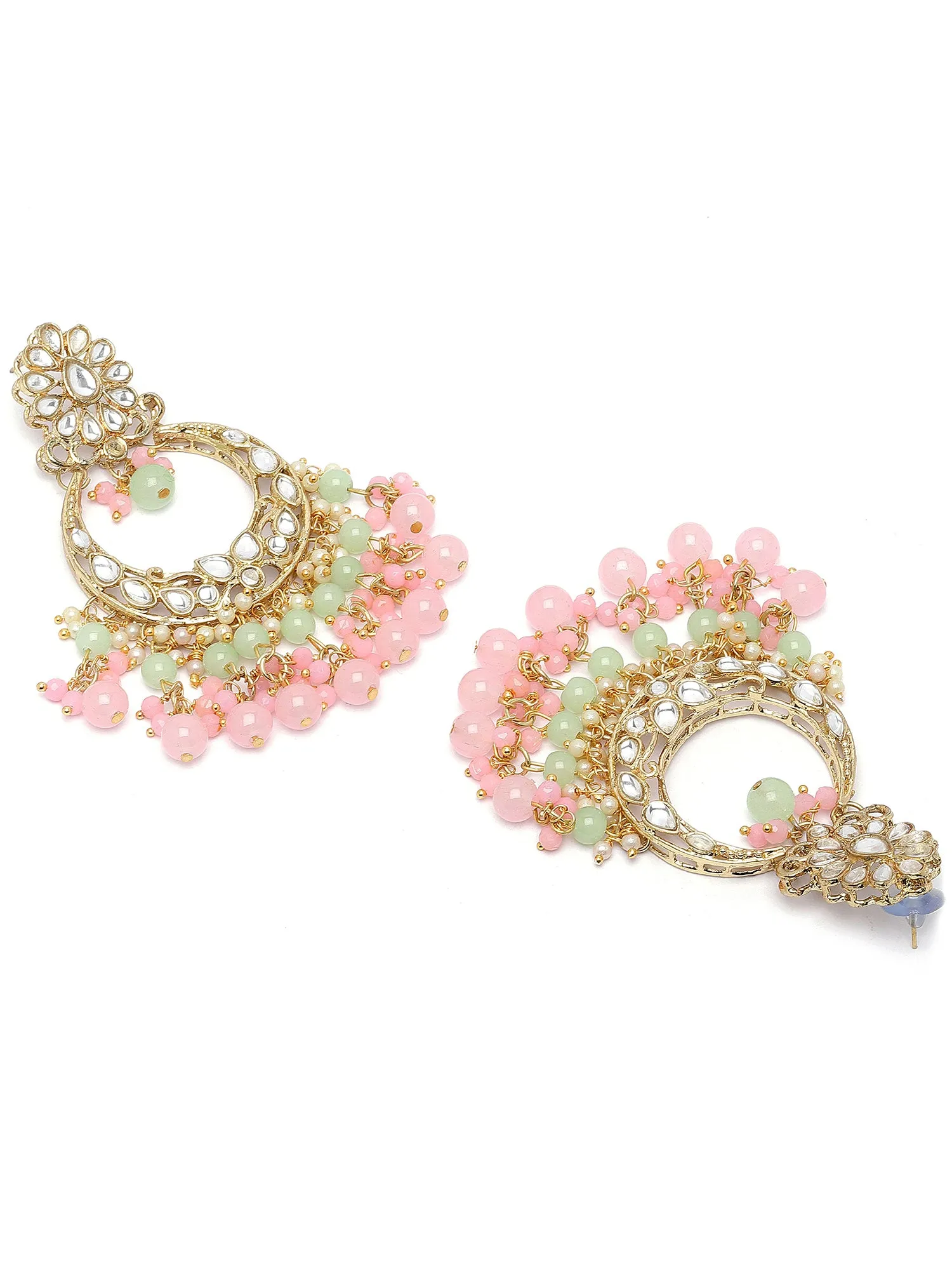 Karatcart Gold Plated Pink and Light Green Kundan Drop Earrings for Women