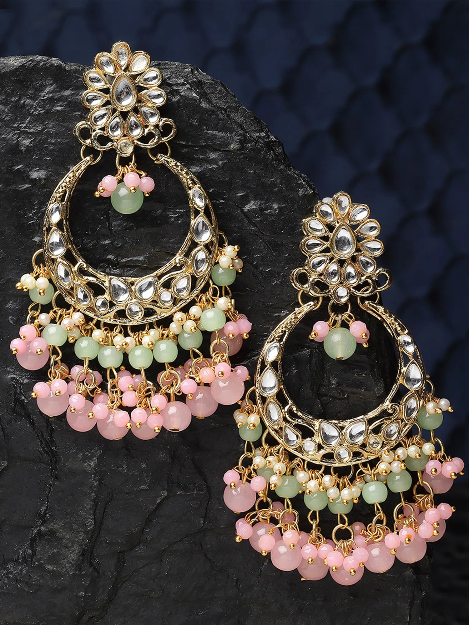 Karatcart Gold Plated Pink and Light Green Kundan Drop Earrings for Women