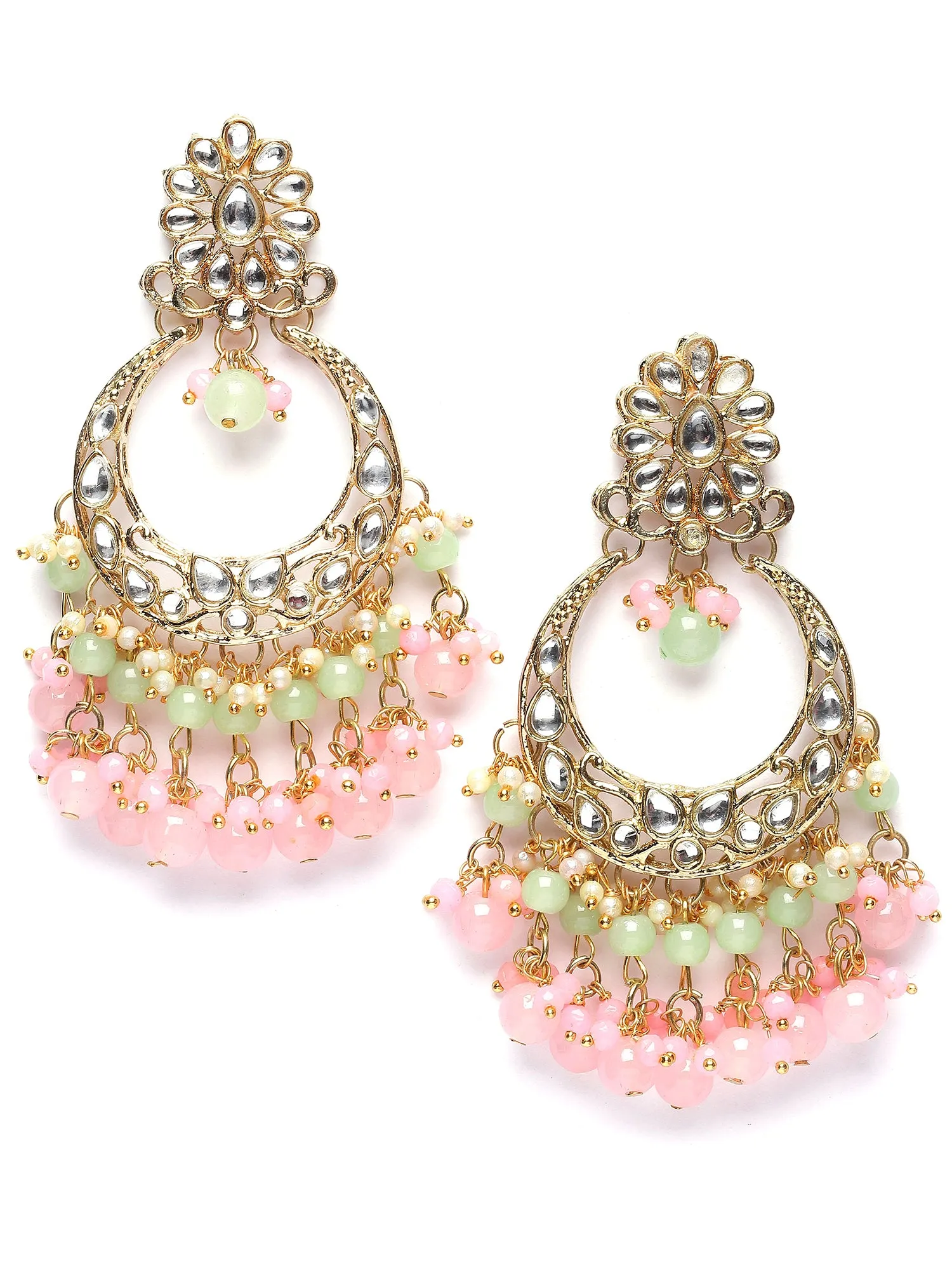 Karatcart Gold Plated Pink and Light Green Kundan Drop Earrings for Women