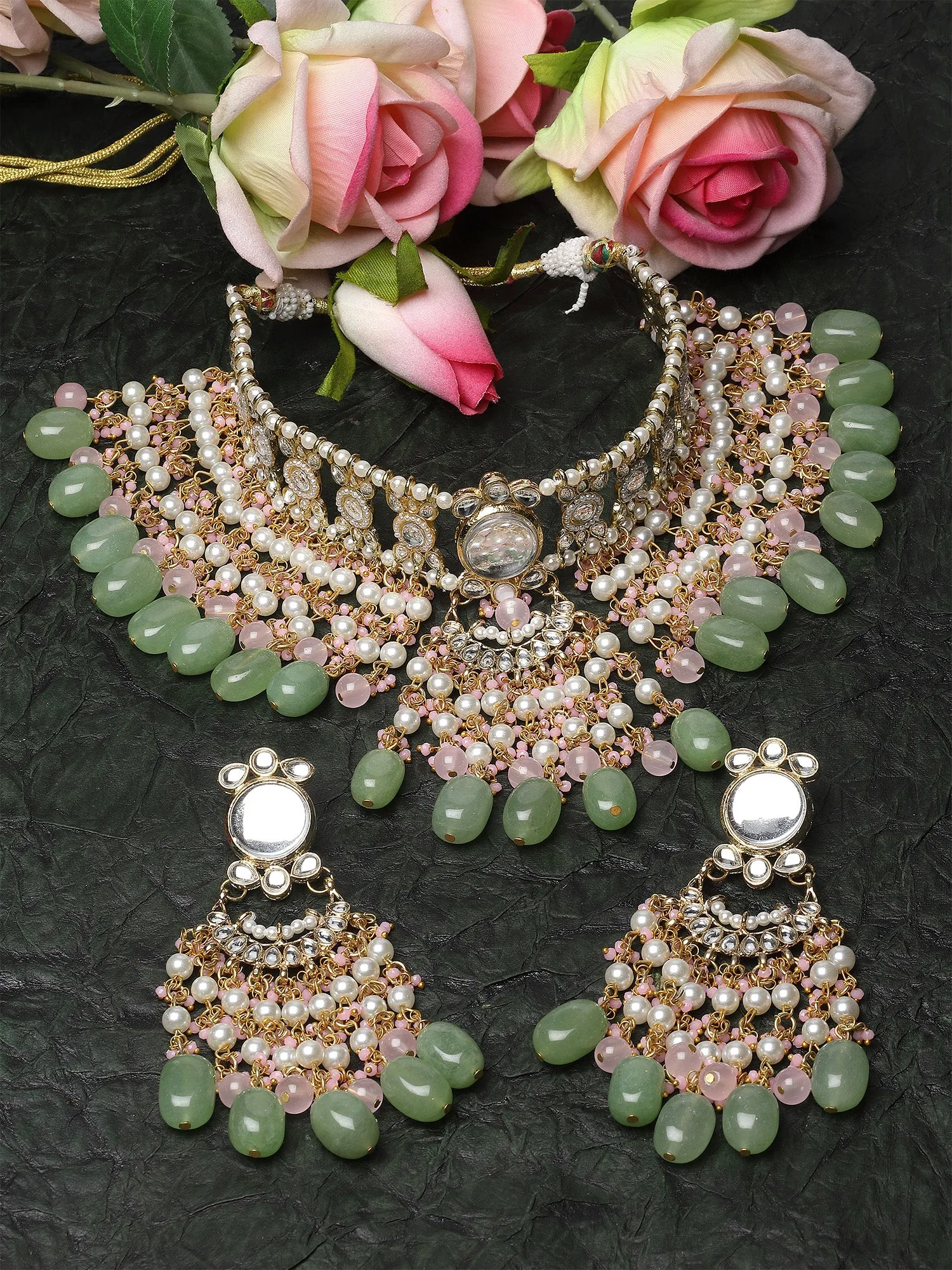 Karatcart Gold Plated Pink and Lime Green Kundan Choker Bridal Jewellery Set for Women