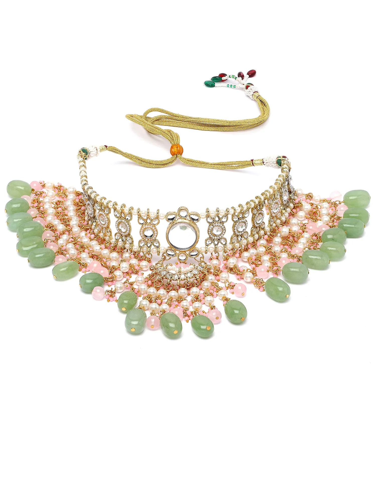Karatcart Gold Plated Pink and Lime Green Kundan Choker Bridal Jewellery Set for Women