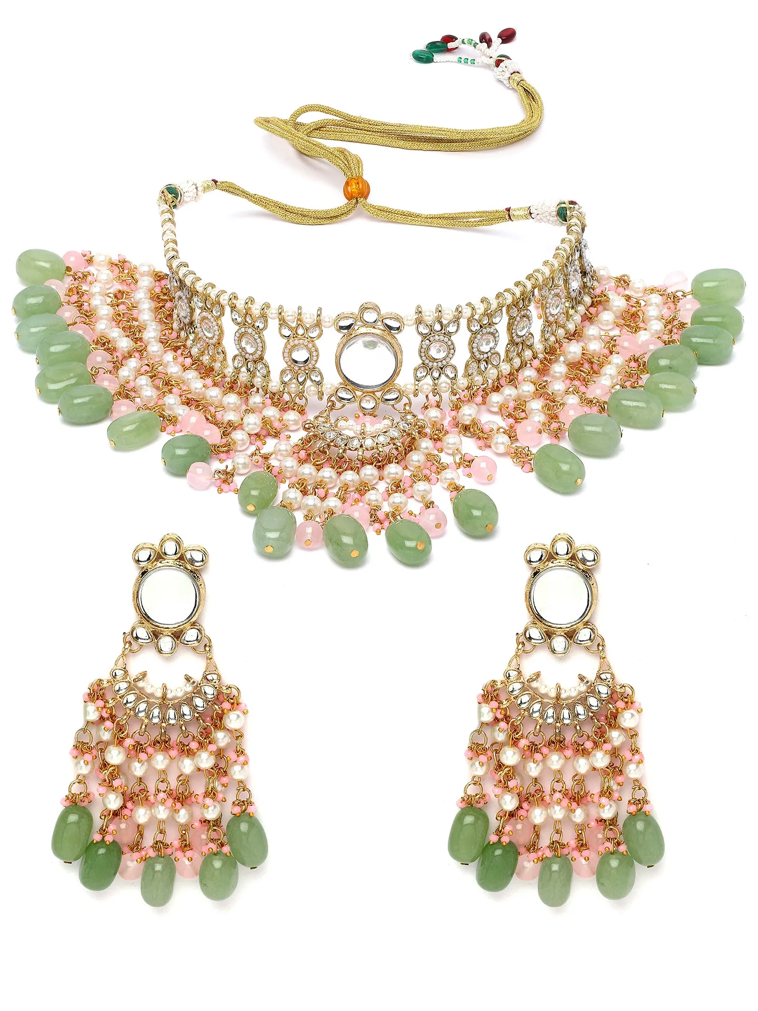 Karatcart Gold Plated Pink and Lime Green Kundan Choker Bridal Jewellery Set for Women
