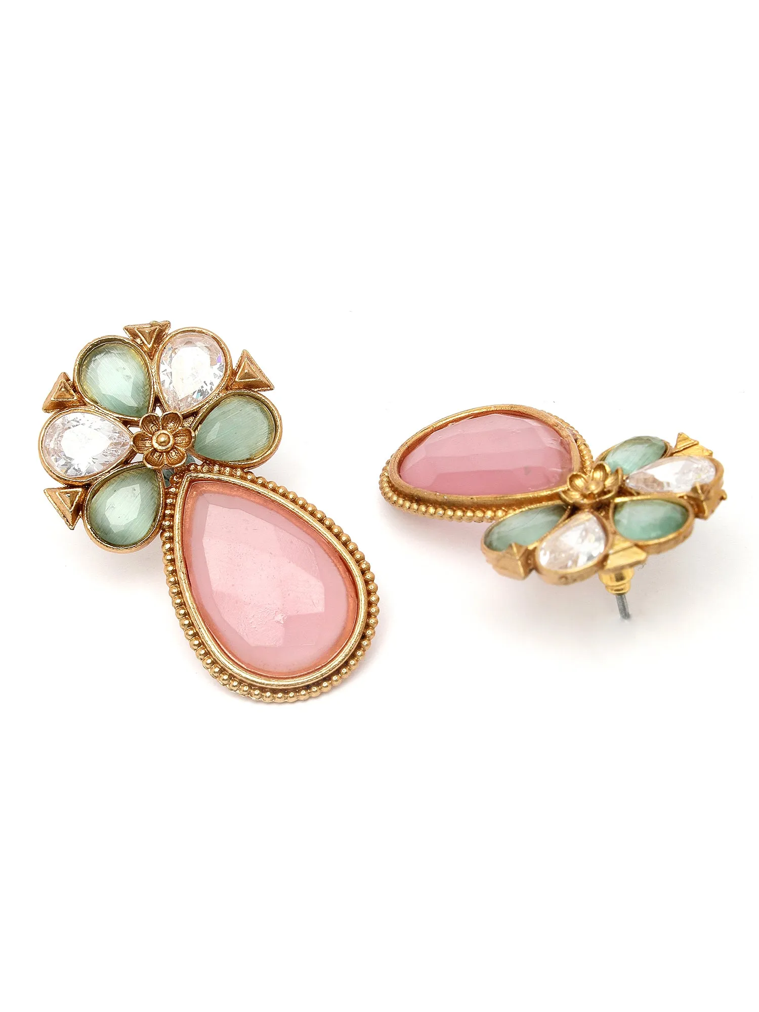 Karatcart Gold Plated Pink and Lime Green Stone Floral Design Stud Earrings for Women