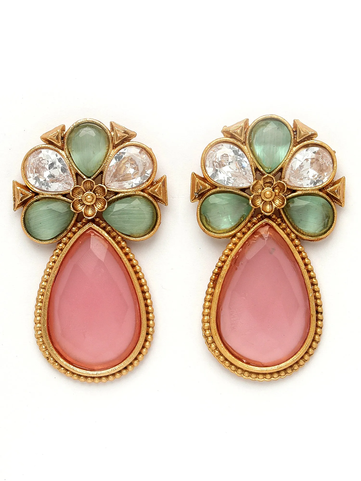 Karatcart Gold Plated Pink and Lime Green Stone Floral Design Stud Earrings for Women
